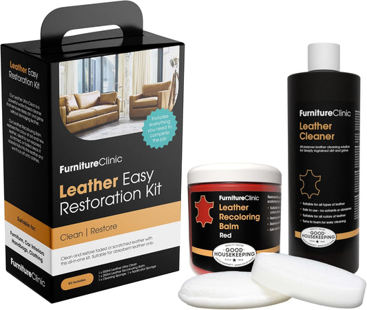 Furniture Clinic Leather Easy Restoration Kit | with Leather Recoloring Balm, Cleaner, Sponge, and Cloth | Leather Repair Kit for Scratched and Faded Furniture (Red)