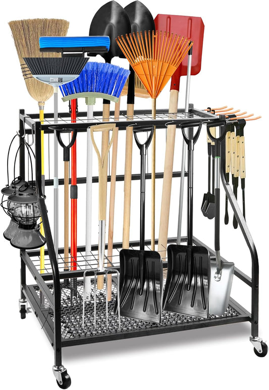 Garden Tool Organizer for Garage,Tool Organizers and Storage，Garden Tool Rack,Yard Tool Storage,Garden Tool Stand,Up to 58 Long-Handled Tools,4 multi-direction wheels lockable (28.4 inch)