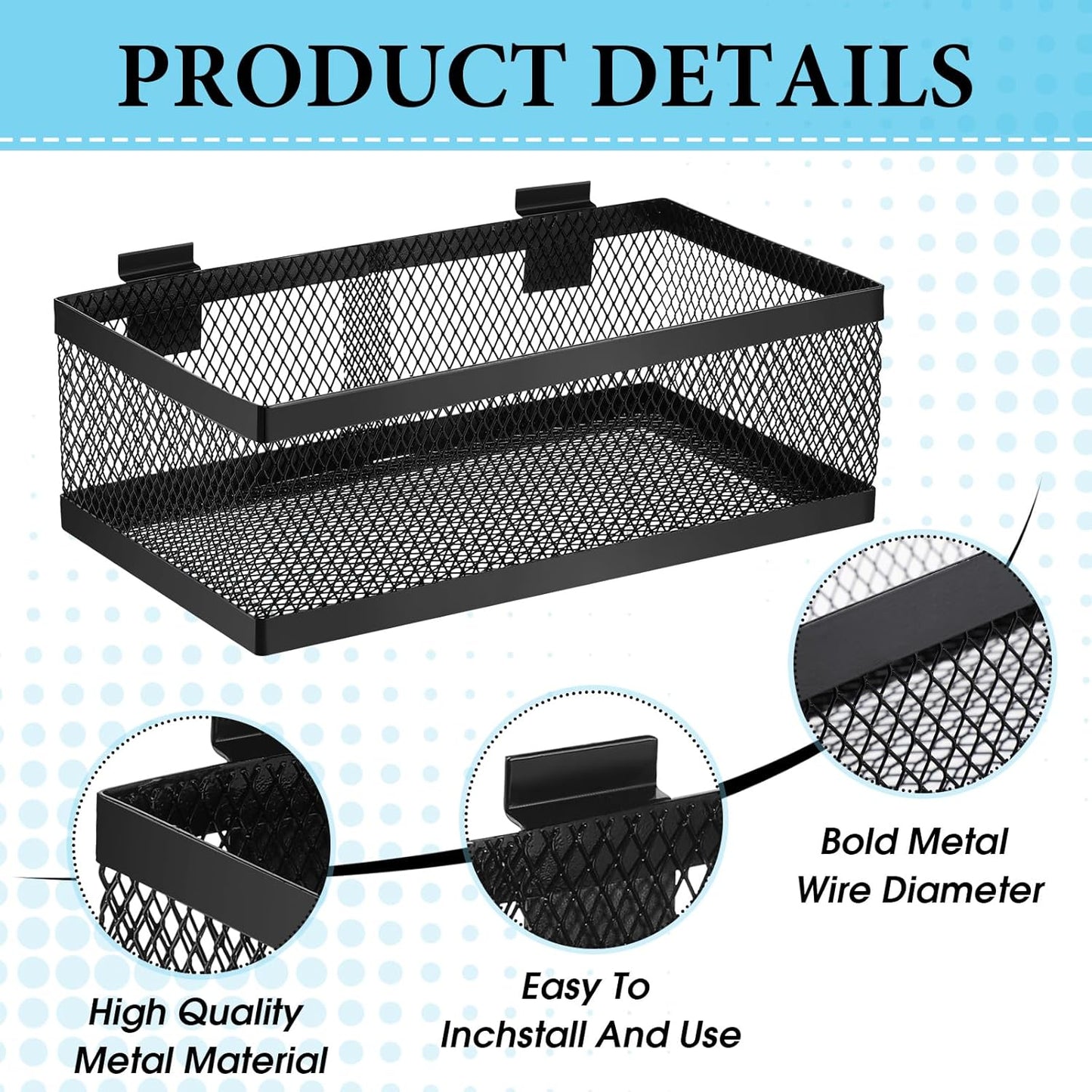 Coume 4 Pcs Black Slatwall Baskets 4 Size Metal Mesh Wire Basket for Slatwall Panels Ventilated Wall Mounted Hanging Accessories for Home Garage Retail Store Display Organizing(13.5 x 7.5 x 4.5 Inch)