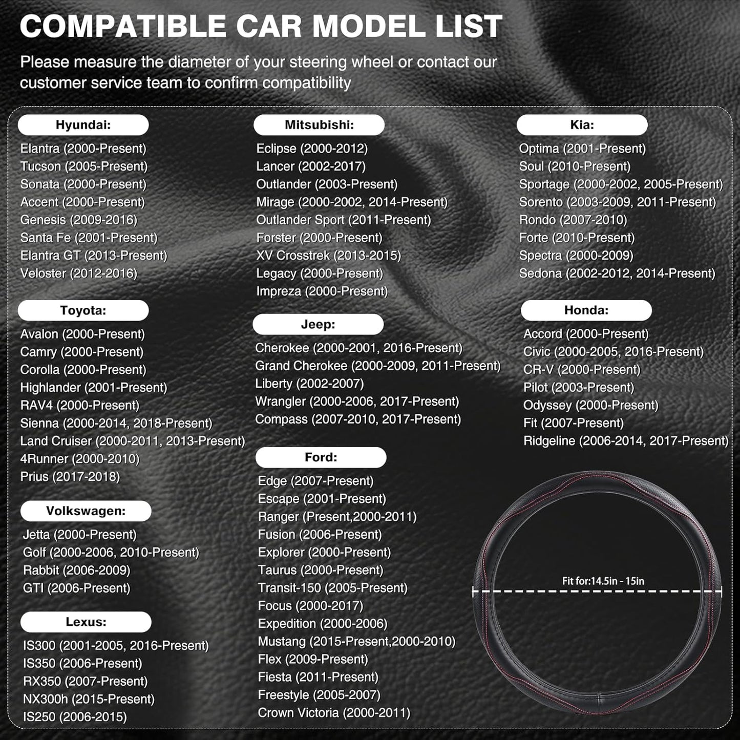 High-Grade Real Cowhide Steering Wheel Cover for Men Women，Black Genuine Leather Steering Wheel Cover for Cars,Universal 14.5-15 inch Steering Wheels