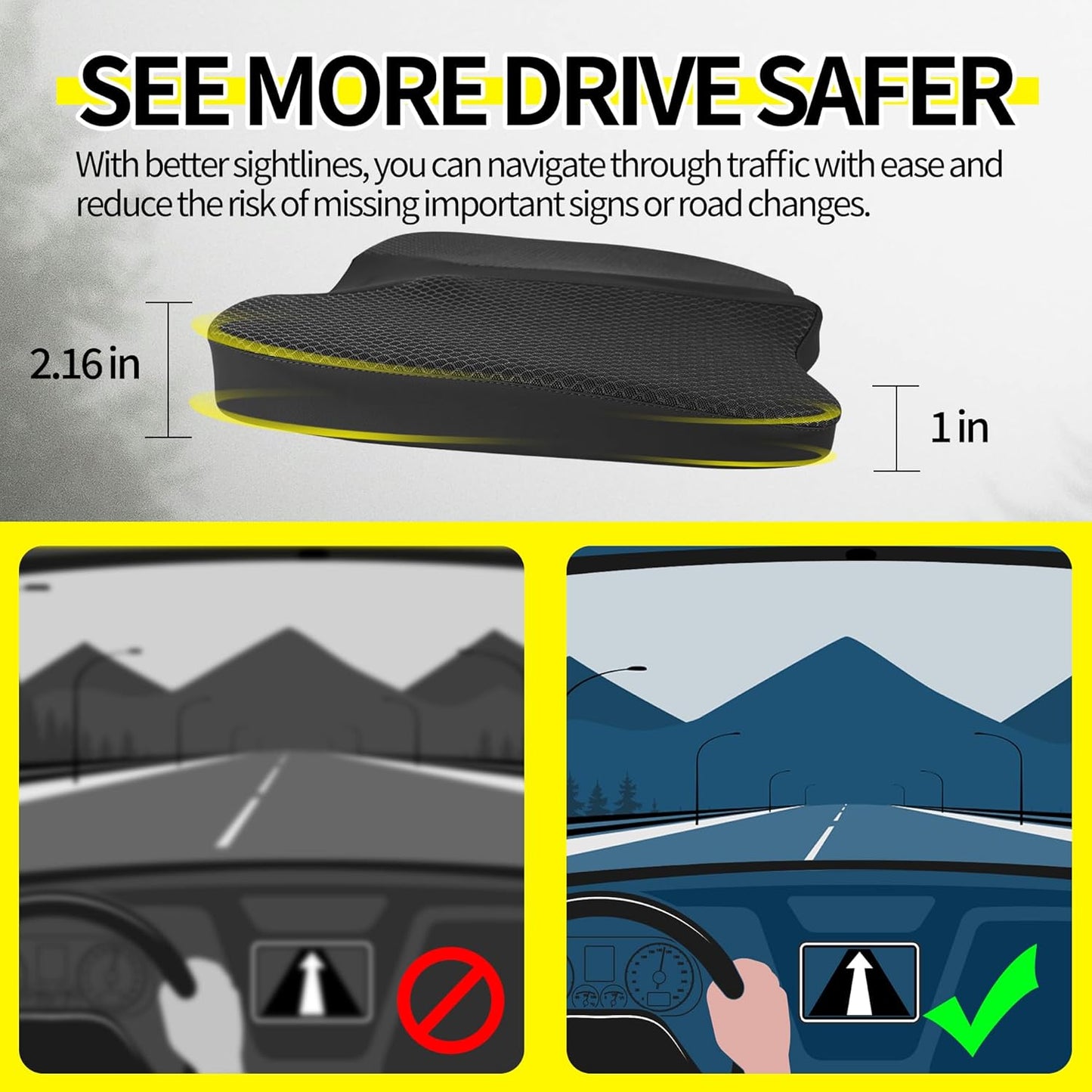 Car Seat Cushion - Comfort Memory Foam Seat Cushion for Car Seat Driver, Tailbone (Coccyx) Pain Relief, Car Seat Cushions for Driving (Black)