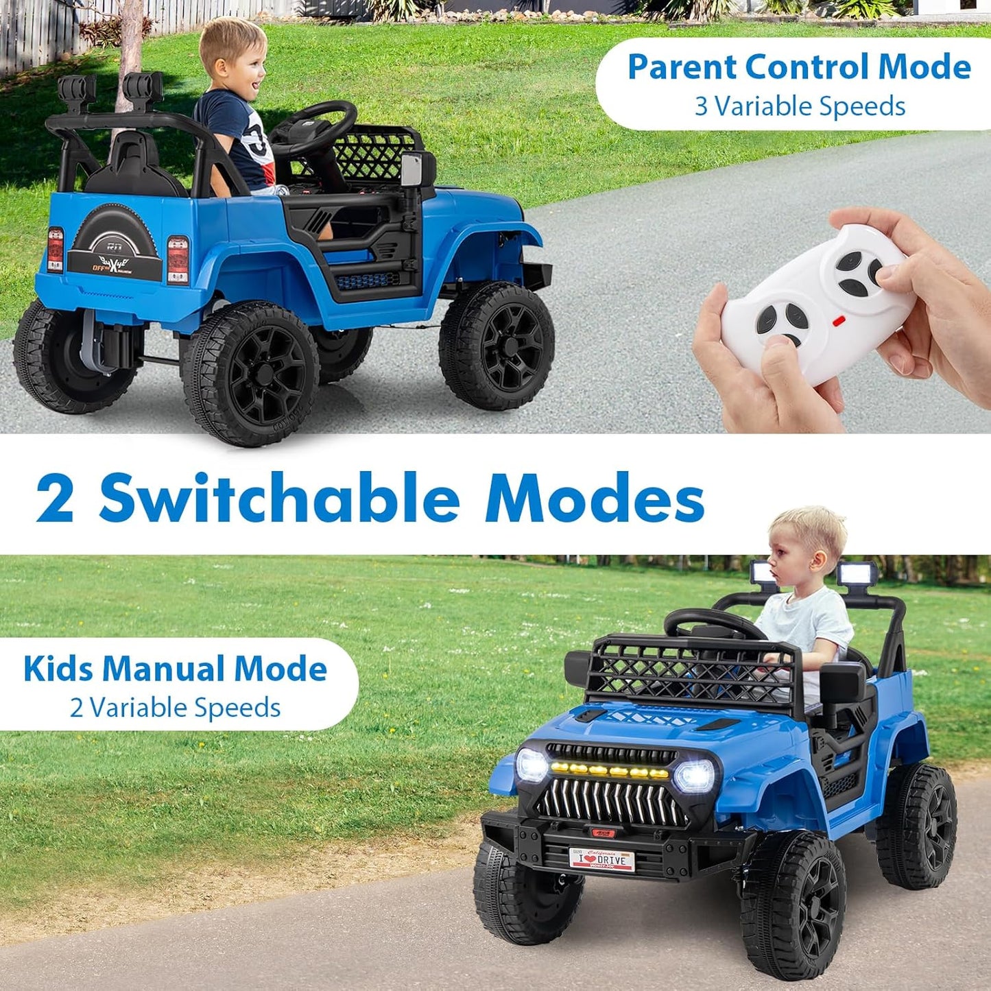 Costzon Kids Ride On Truck, 12V Battery Powered Electric Vehicles w/Remote Control, Spring Suspensions, 3 Speeds, Music, Lights, Wireless Connection, Ride on Car for Boys & Girls 3+ (Navy Blue)