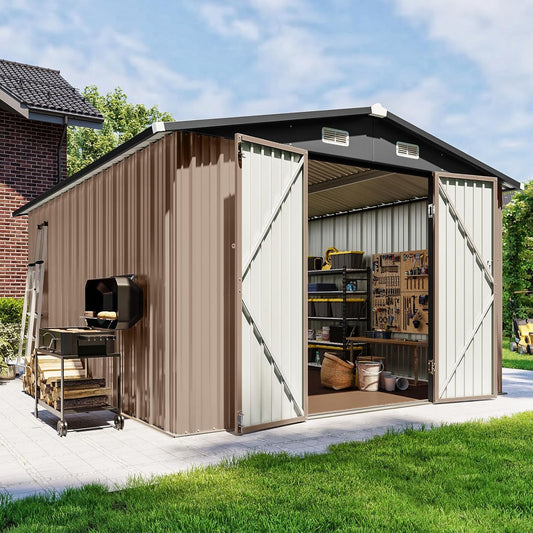 10x12 FT Outdoor Storage Shed with Floor & Lockable Double Doors, Heavy-Duty Galvanized Steel Outdoor Metal Shed for Bike, Tool, Generator Storage in Backyard, Patio (10’x12’, Floor)
