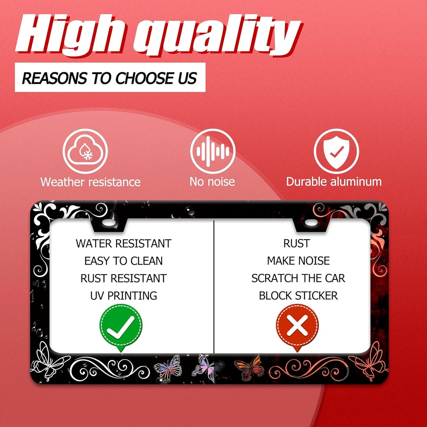 Butterfly License Plate Frame Butterflies Floral License Plate Frames for Car Decorative Parts Stainless Stee License Plate for Standard Us Canada Funny License Plate Holder 12x6 Inch