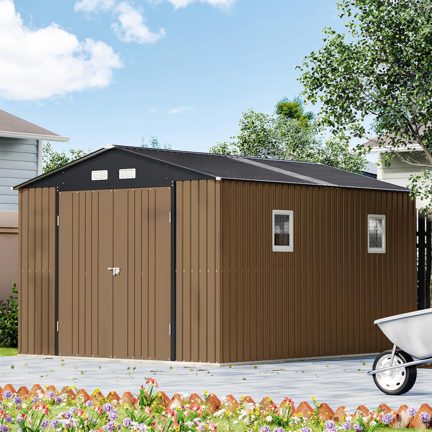 10X12X7.5 FT Outdoor Steel Storage Shed with Lockable Doors, 2 Windows, Transparent Roof Panels, Metal Frame Floor (Wood Panels Not Included), Ideal for Backyard, Patio Storage,Chicken Coop，Brown