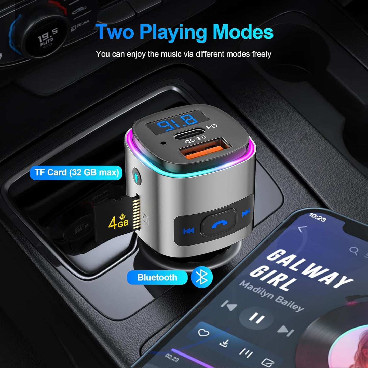 (Upgraded Version) FM Transmitter Bluetooth, SONRU Bluetooth Car Adapter [PD 30W & QC3.0 18W], Wireless FM Radio Transmitter, Hands-Free Calling, Siri Google Assistant, TF Card