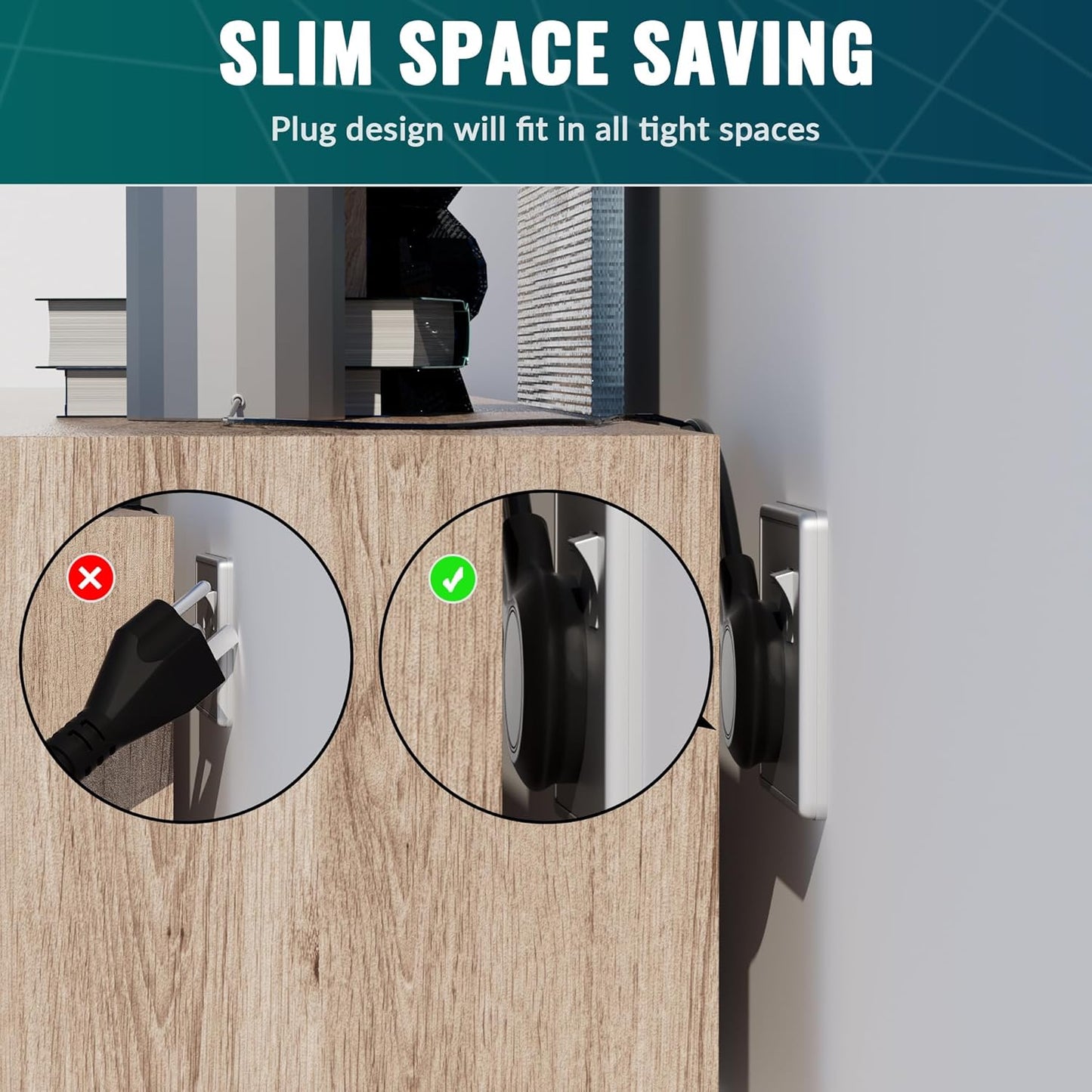 Elecan Flat Plug Extension Cord 50 Ft with Slim Space-Saving Plug Design, Thin Flat Cable Low Profile Power Cord 3 Prong Grounded Wire, 16 Gauge 13 A/125 V-Black-ETL Certified