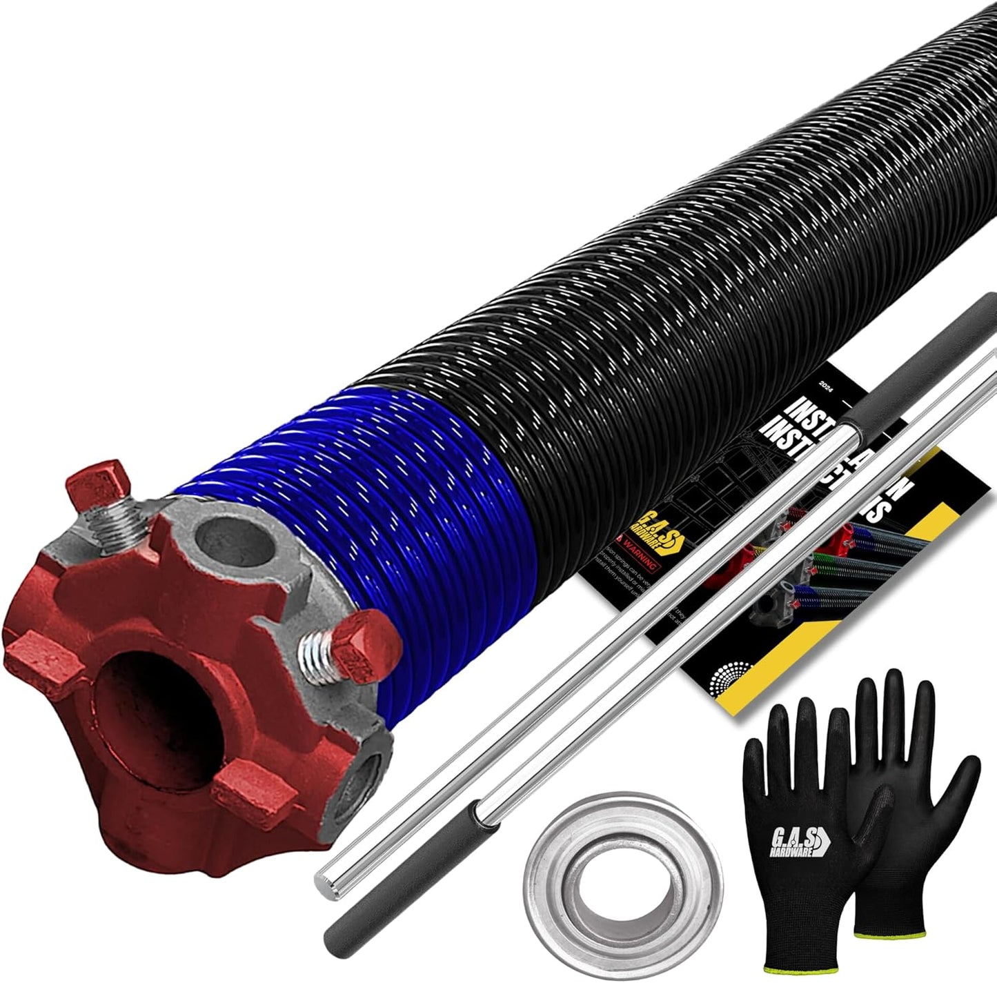 Garage Door Torsion Spring 262x1.75x44 Includes 1” Steel Bearing, Non-Slip Gloves, and Winding Bars for Left Side of Garage Door Precision E-Coating 5-Year Warranty Min. 30,000 Cycles (Red Cone)