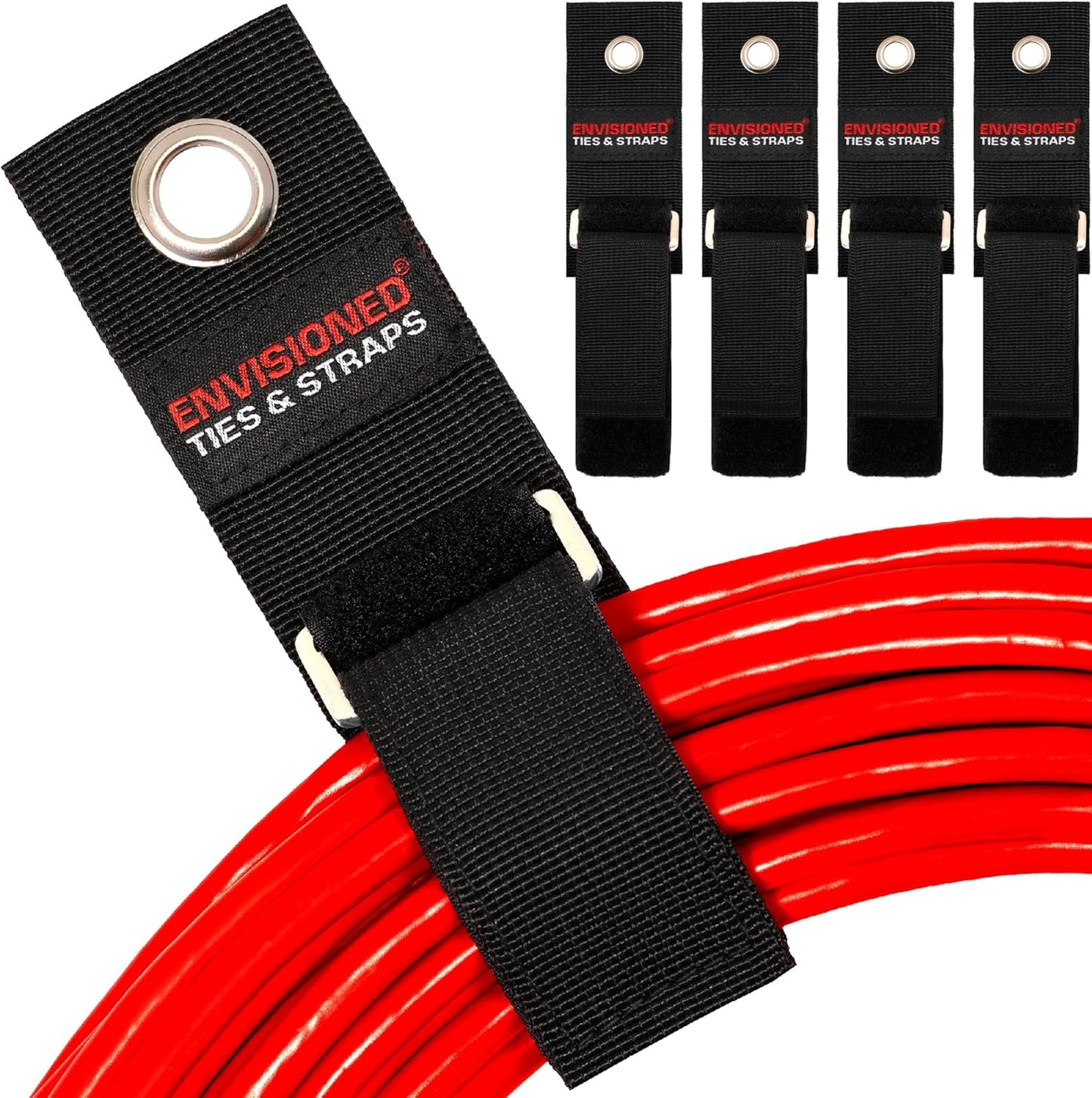 Heavy Duty Hanging Storage Cinch Straps with Metal Buckle (4 Pack, 1" x 8") - Electrical Extension Cord and Garden Hose Holder, Cable Management, Storage Organizer in Garage, RV, Workshop - ENVISIONED
