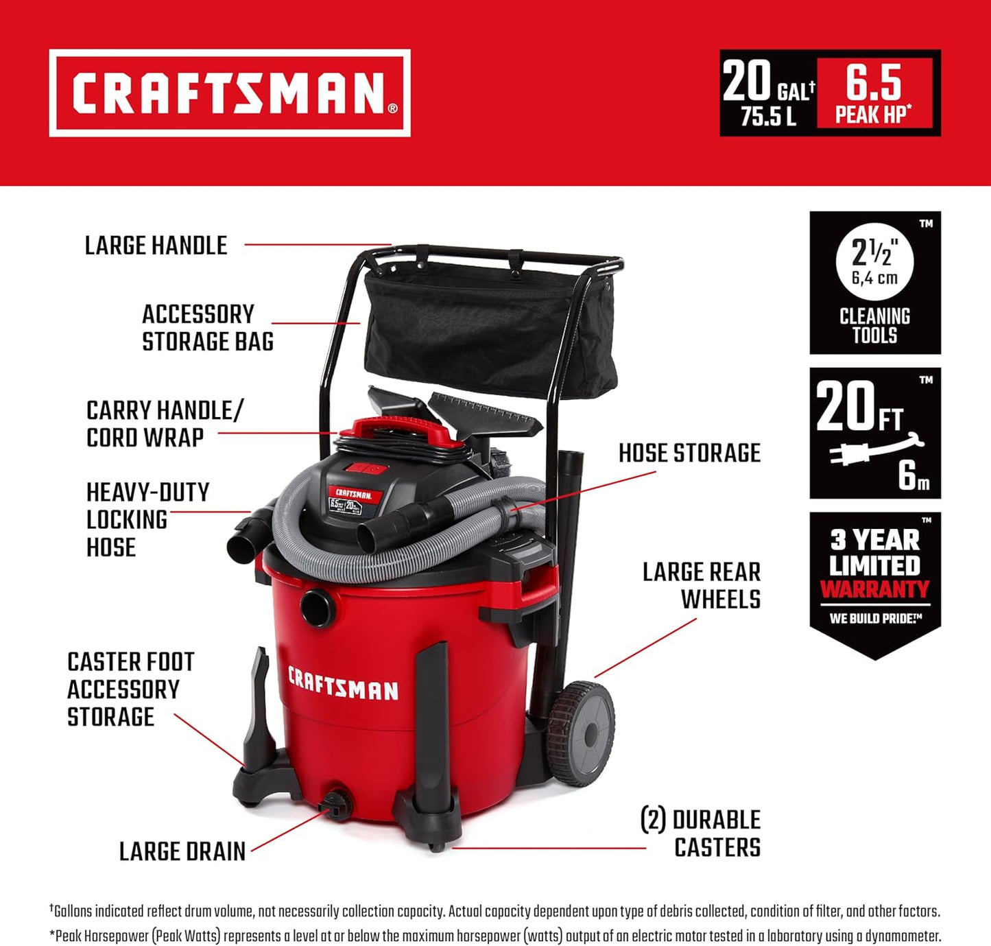 CRAFTSMAN CMXEVBE17656 20 Gallon 6.5 Peak HP Wet Dry Vac with Cart, Heavy-Duty Shop Vacuum Wet and Dry with Fine Dust Filter, Dust Bag, Hose and Attachments for Shop, Garage, Jobsite Cleaning