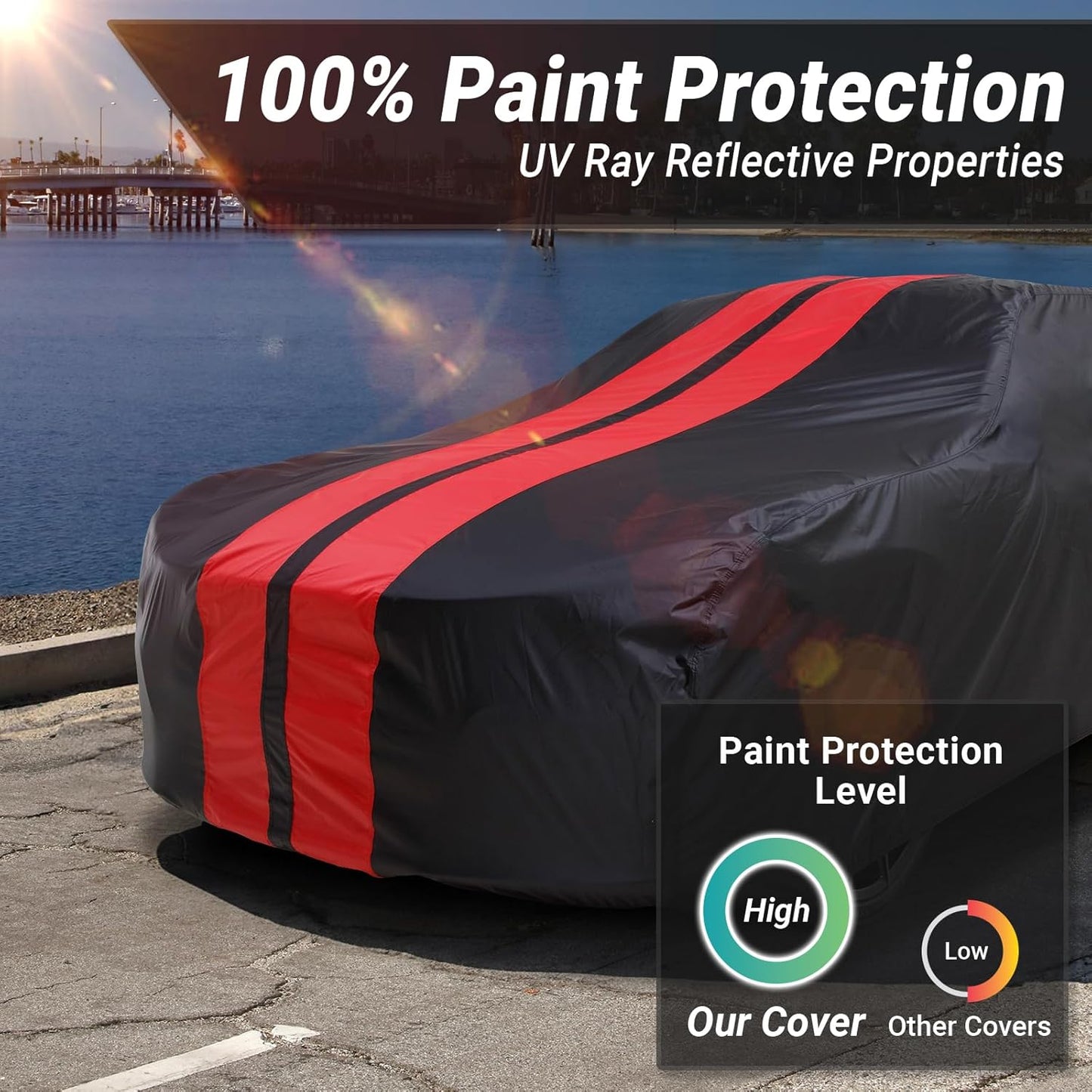 iCarCover Custom Car Cover for Chevy Business Coupe (1936-1938) Waterproof All Weather Rain Snow UV Sun Protector Full Exterior Indoor Outdoor Car Cover (Stripe - Black/Red)