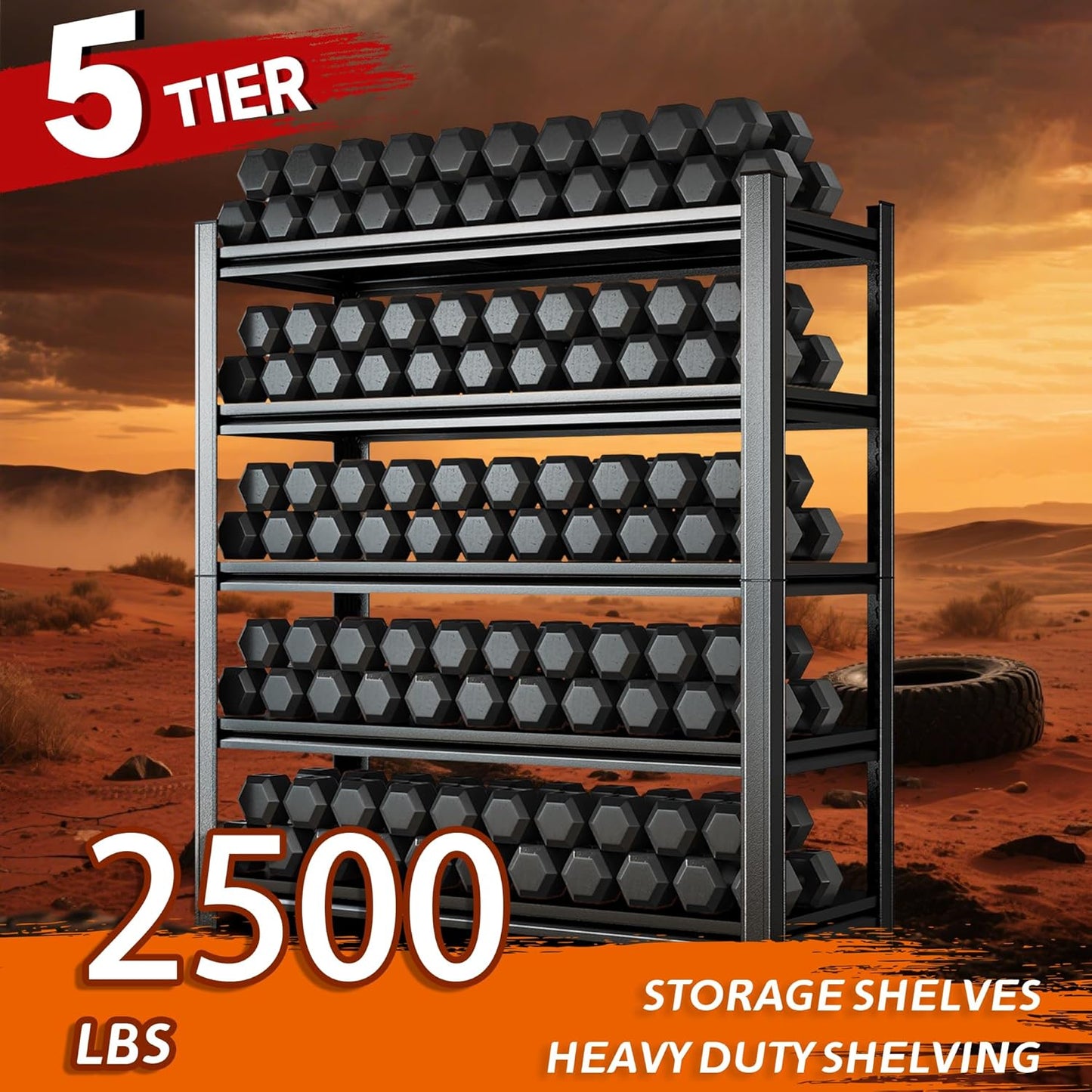 Heavy Duty 5-Tier Shelving Unit 2500LBS Capacity - Adjustable Steel Garage Shelves for Warehouse, Basement Storage(63''H x 35.4''W x 17.7''D)