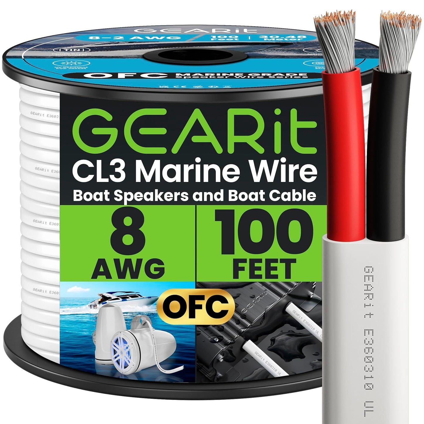 GEARit 8 Gauge Marine Wire, 8/2 AWG (100ft) Marine Grade Tinned Copper Oxygen Free, Duplex 2-Conductor Insulated Red & Black Electrical Cable for Boat, Automotive, RV, Camper, Trailer