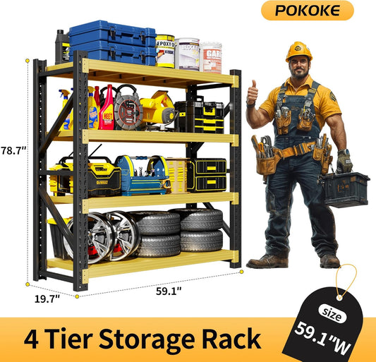 Garage Shelving Unit, 4 Tier Heavy Duty Racks, Easy Assembly, Metal Racks with Adjustable Shelves, 3000 LBS Load Capacity,for Warehouse,Basement (Black&Yellow, 19.7" D x 59.1" W x 78.7" H)