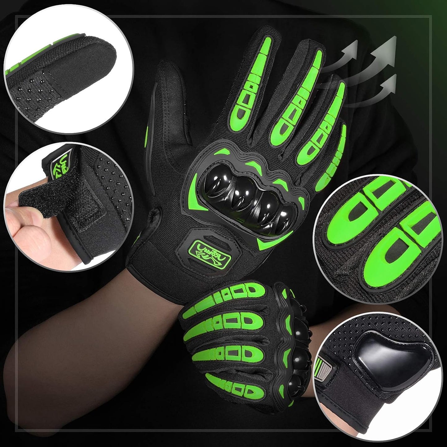COFIT Motorcycle Gloves Breathable, Touchscreen Motorbike Gloves Anti-Slip with Good Grip Hard Knuckles Protection for Men Women Motocross, BMX ATV MTB Cycling, Road Racing - Green M