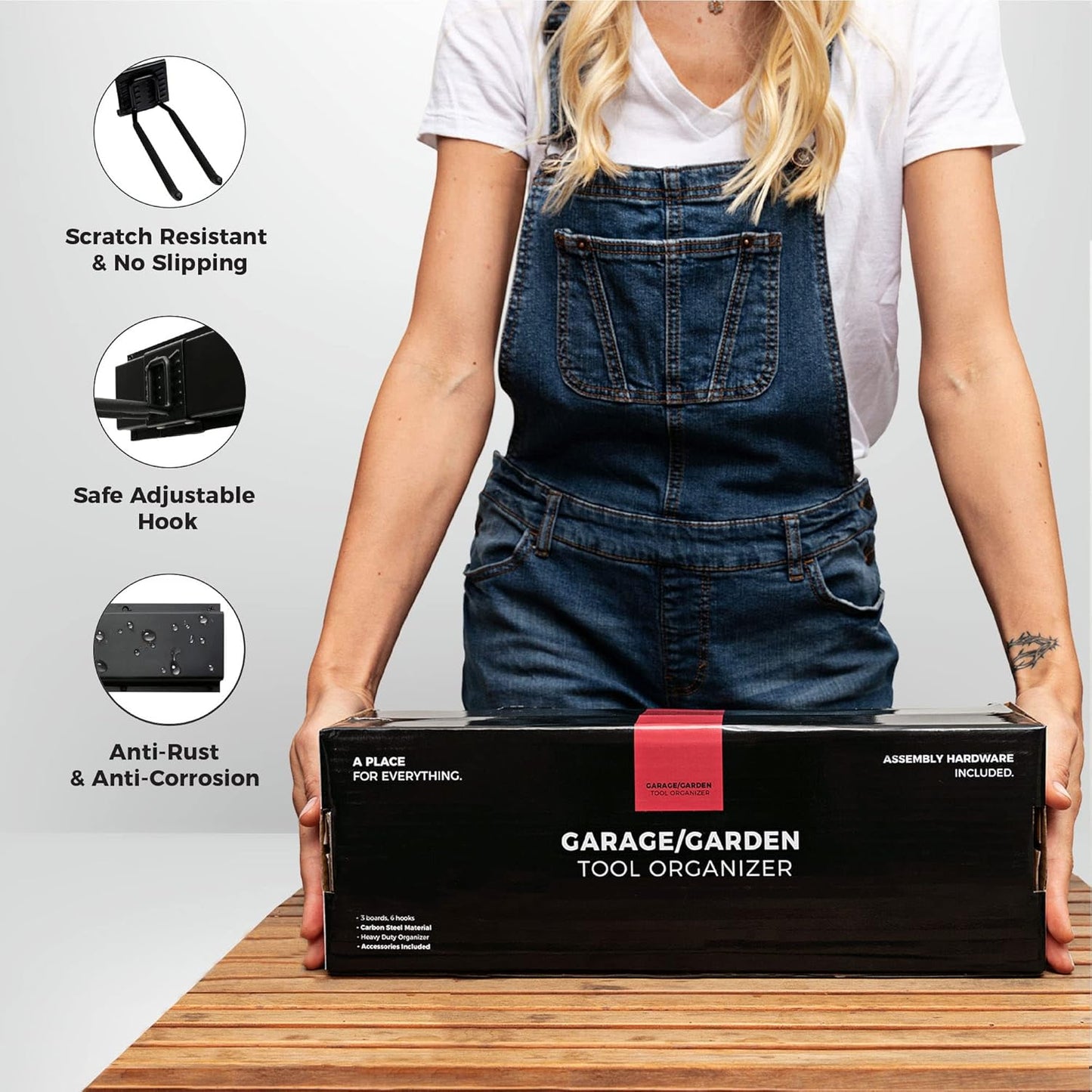 Garage Wall Organizer | 51" Heavy-Duty Tool Storage Rack | Adjustable Double-Layer Hooks | 320 lbs Capacity | Carbon Steel Wall Mount Holder for Shovels, Rakes, Ladders & Power Tools