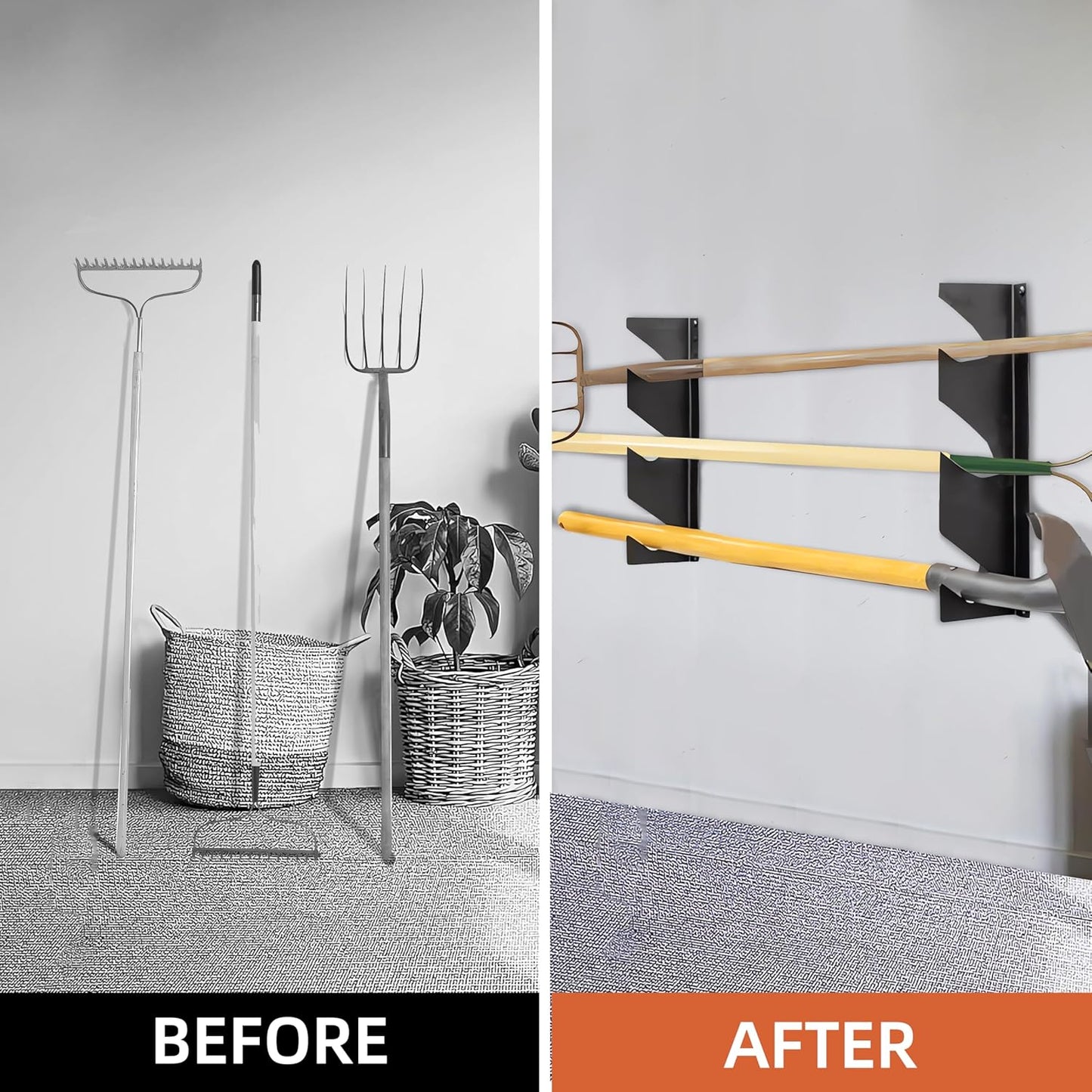 CZWL&HG Heavy-Duty Garden Tool Organizer Wall Mount – Garage Wall Storage Rack for Shovels, Rakes & Long-Handled Tools – Solid Steel, Holds 250 lbs