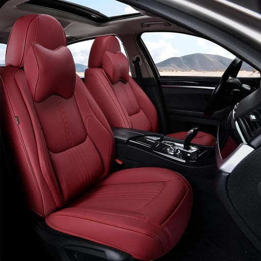 Front Seat Covers, 2 Pieces Universal Seat Covers for Cars, Waterproof Leather Auto Seat Protectors with Head Pillow, Car Seat Cushions Fit for Most Sedans SUV Pick-up Truck, Wine Red