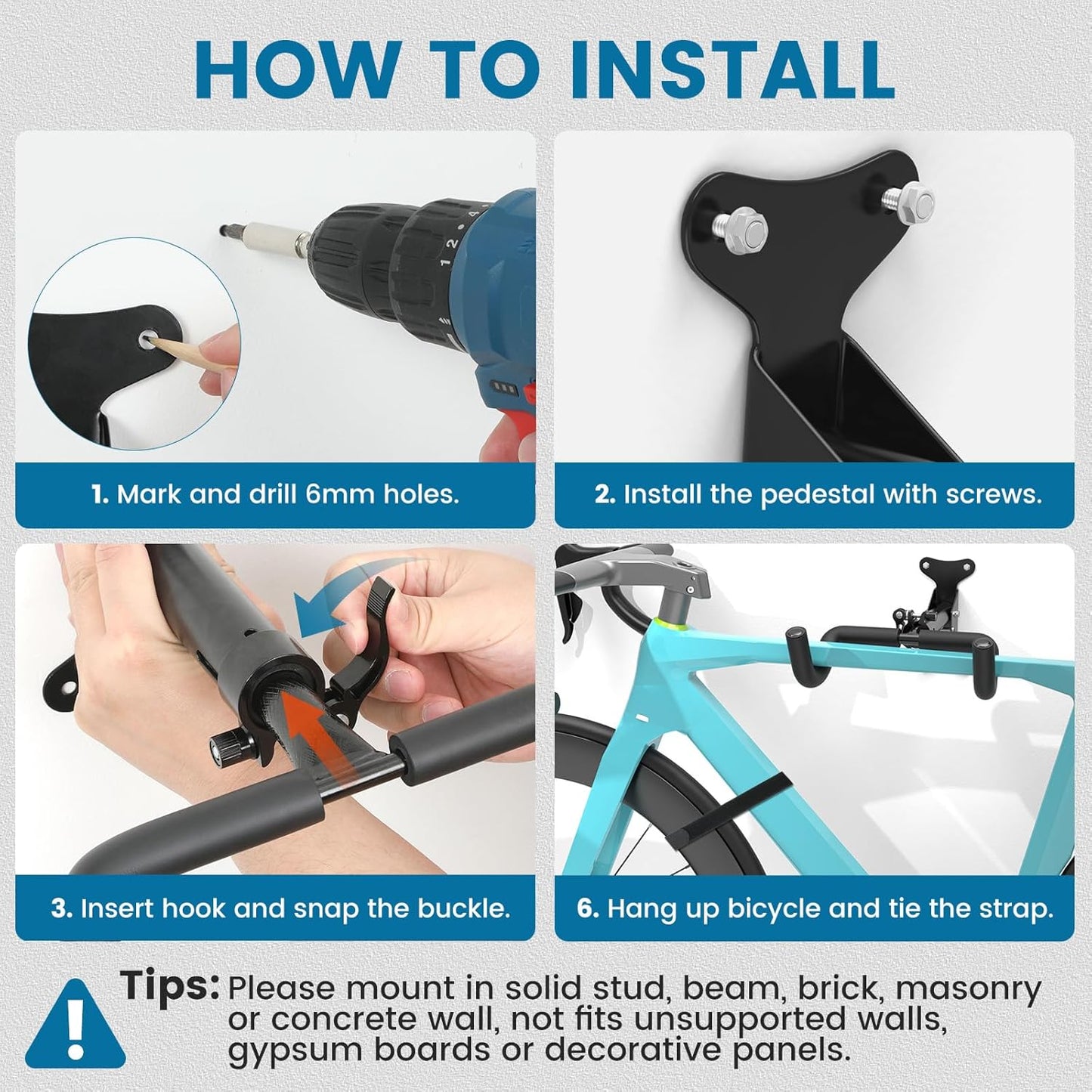 Bike Wall Mount - [4 Pack] EVA Foam Padded up to 48.5 lbs, Carbon Steel, Valve Mechanism, Heavy-Duty Adjustable Bike Wall Hanger for Road, Mountain and Hybrid Bikes, Garage & Apartment