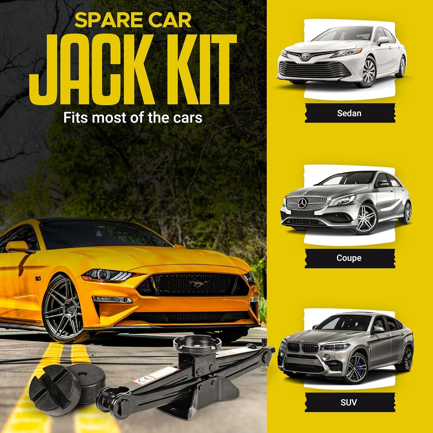 Car Jack Kit/ 2.5 Ton/5512 Pounds Universal Scissor Jack Kit with Rubber Piece, Designed for Sedan, Coupe, SUV