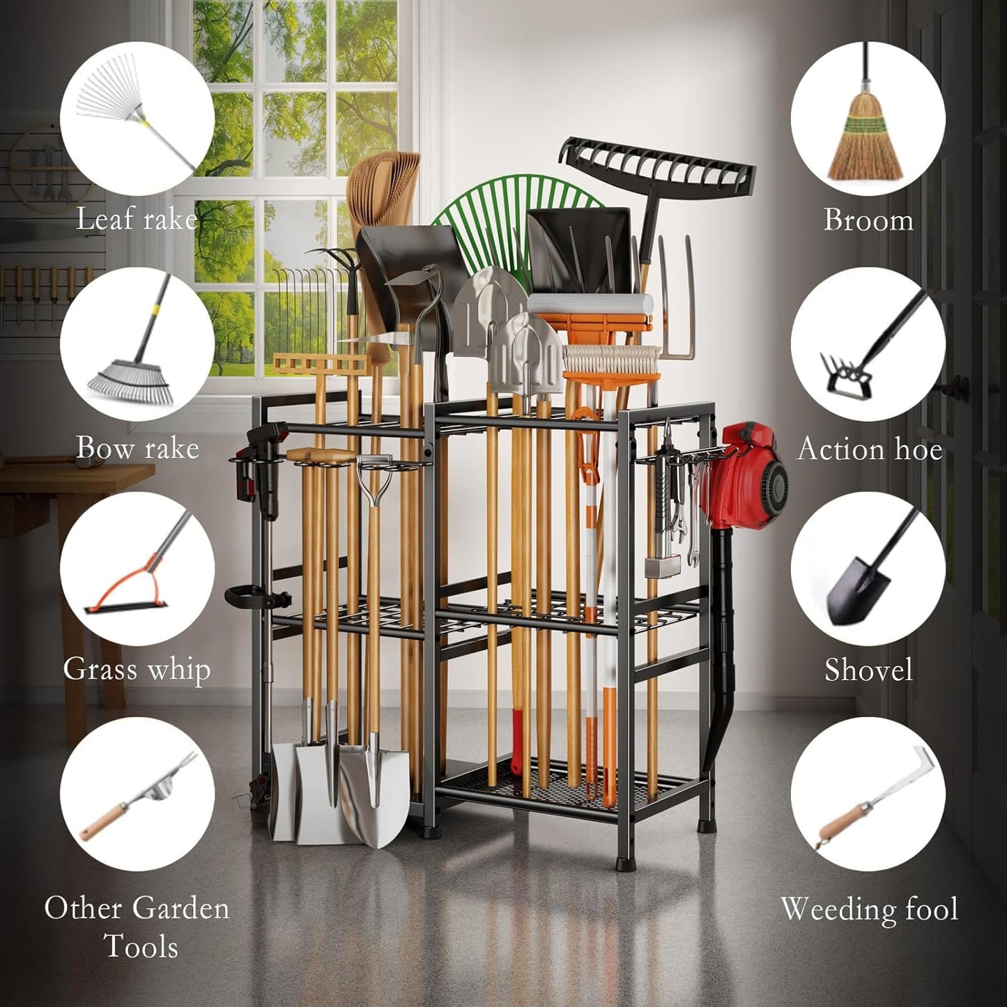 Garden Tool Organizer Storage Metal Yard Tool Organizer Heavy Duty Garden Tool Rack Stand with 2 Extra Hooks, Up To 70 Long Handled Shovels/Rakes/Brooms Holder for Garage,Shed,Outdoor(Black)