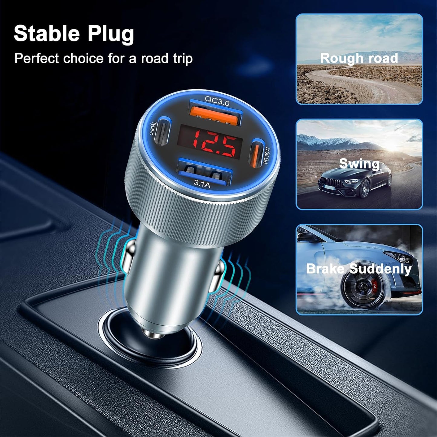 Car Phone Charger, Besgoods USB C Car Charger Adapter 4 Ports with Voltmeter PD&QC Fast Charging Cigarette Lighter USB Charger for iPhone 16 15 14 13 12 Galaxy S24 S23 A54 A15 Dash Cam Car Acc, 2Pack