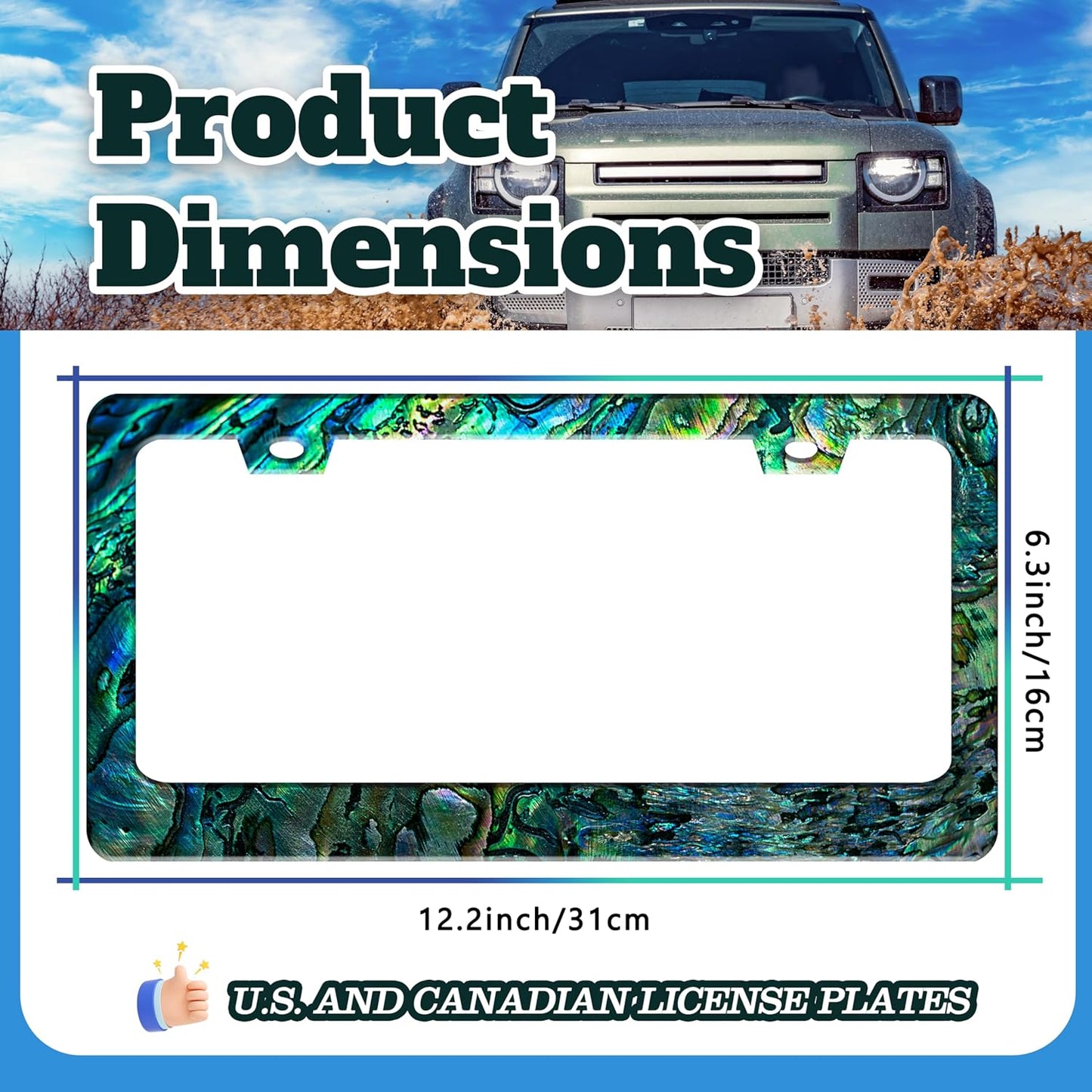 Faux Abalone License Plate Frame Funny Stainless Steel License Plate Holder for Front or Rear Car Tags for Car Decoration Accessories Rust-Proof with Screws 6.3 X 12.2 in for Women Men