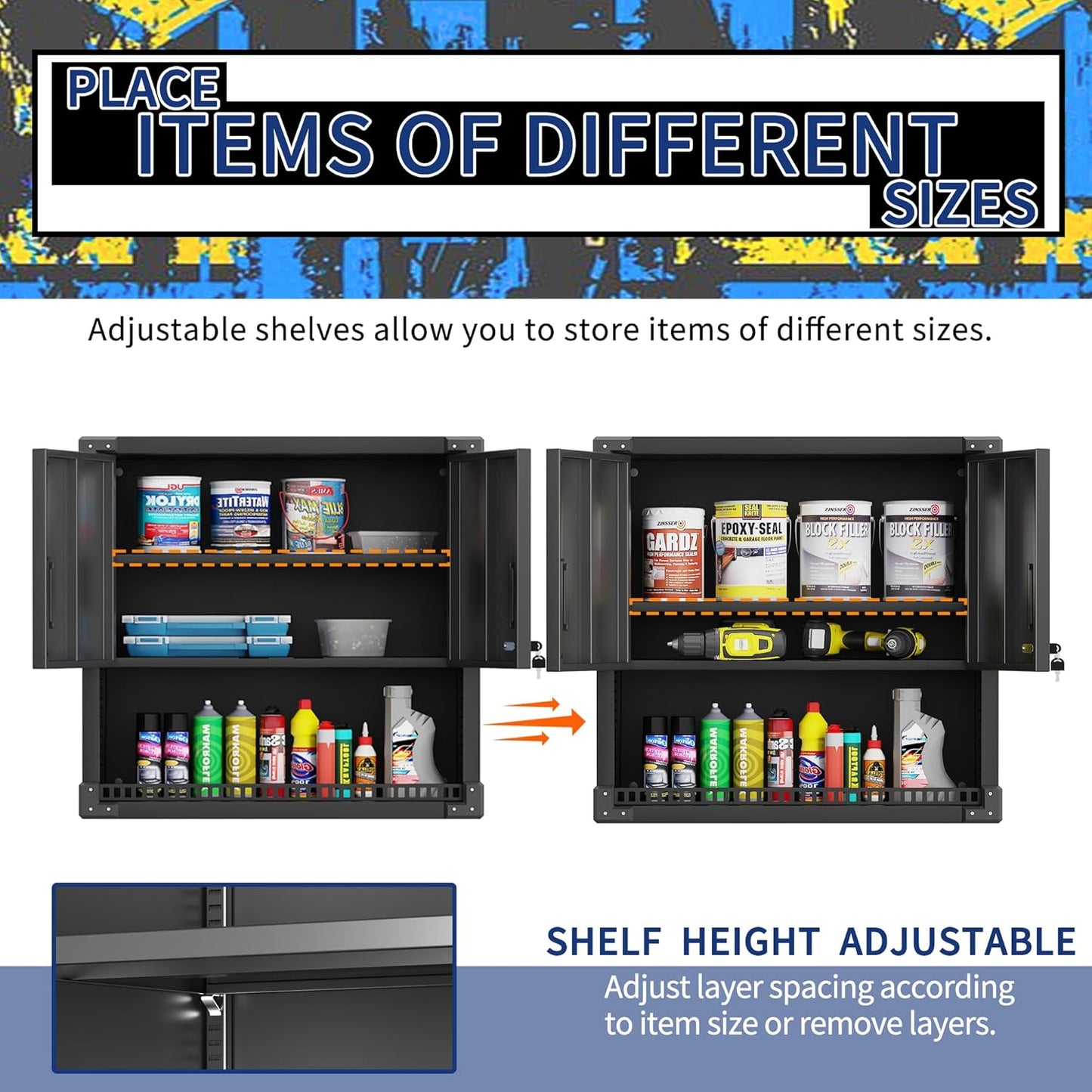 Garage Wall Cabinet,Metal Wall Cabinet with Doors and Adjustable Shelves,Steel Utility Wall Mounted Tool Cabinets for Home,Office,Kitchen,Warehouse