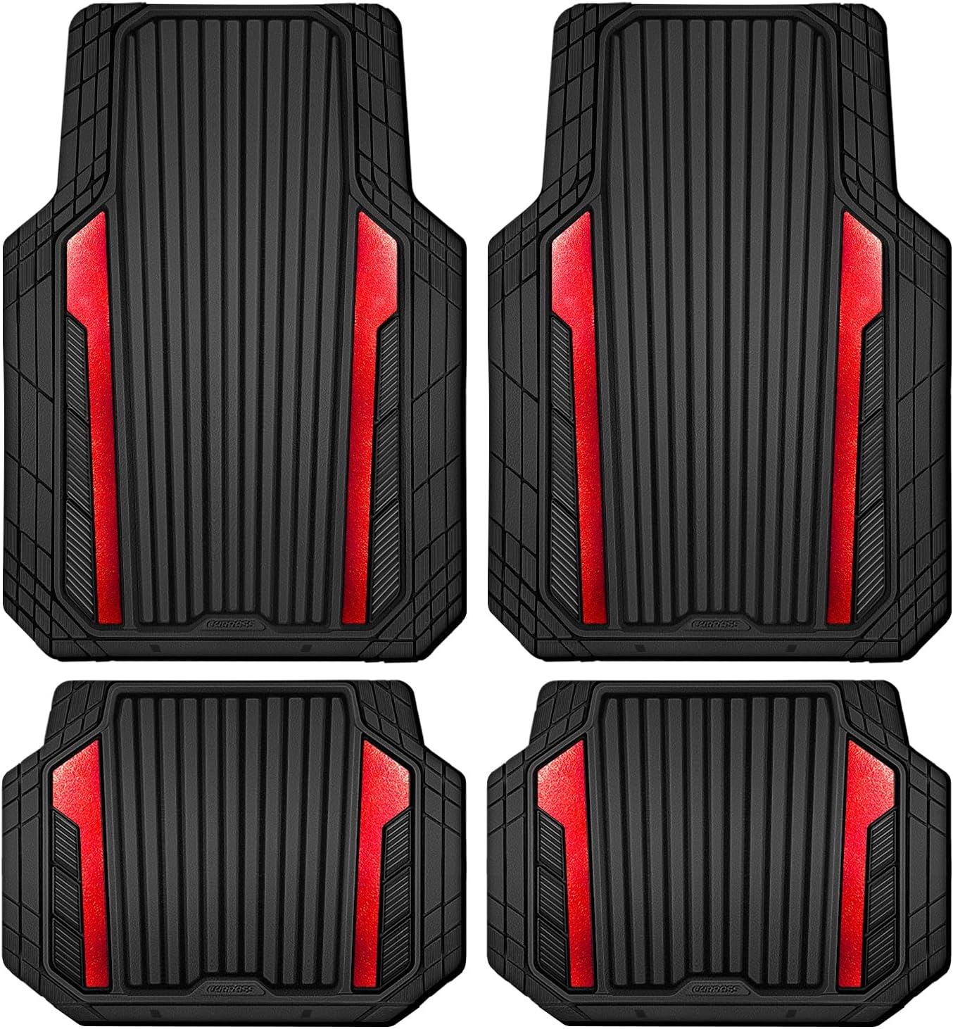 CAR PASS Heavy Duty Rubber Car Mats Metallic S~L Size, Aluminum Film All Weather Floor Mats Waterproof Universal Trim to Fit SUV Sedan Van Truck 4 Piece Deep Dish Two-Tone Sporty Black Red Chrome