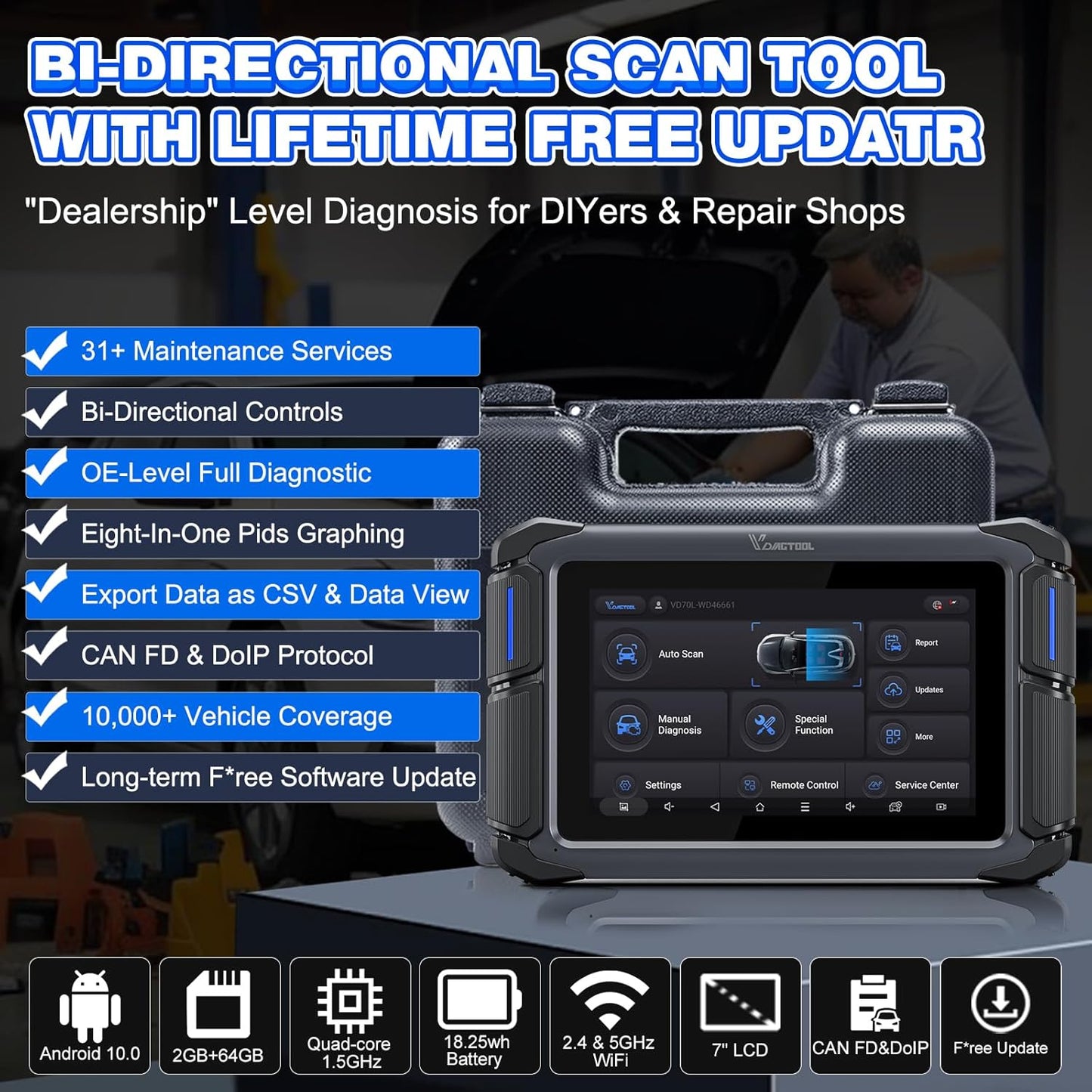 VDIAGTOOL Bidirectional Scan Tool VD70 Lite, OBD2 Scanner Diagnostic Tool with 31+ Resets, 2025 Scanner for Car, Full System Scan, CAN FD & DoIP, Free Update