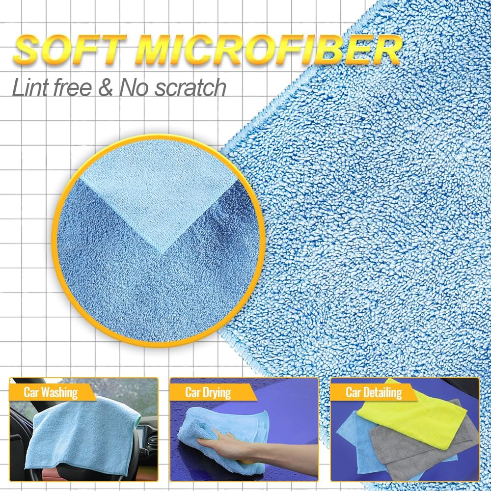 Microfiber Car DryingTowel, Exterior & Interior, Extra Soft,Reusable and Durable,Absorbent, Lint-Free,Interior Microfiber Rags 16in x 16in-12 Packs Grey+Blue+Yellow