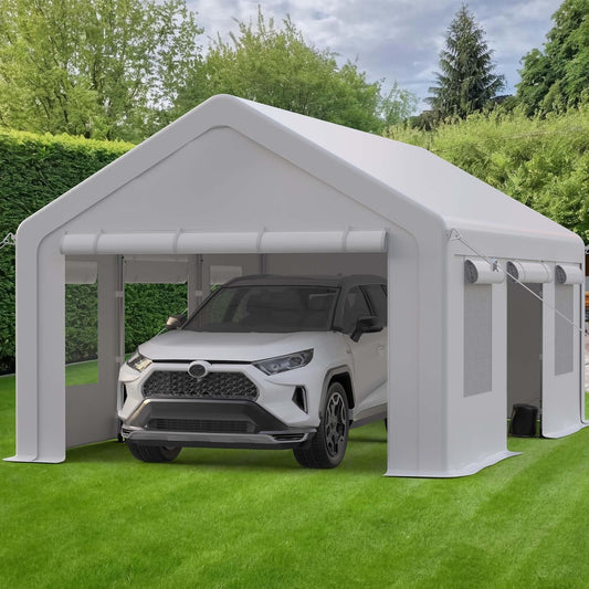 Heavy Duty Carport, Portable Garage with 4 Doors & 4 Window，Upgraded Carport with Reinforced Steel Poles, Uv Resistant All-Season Waterproof Tarp, for Car, Truck, Boat