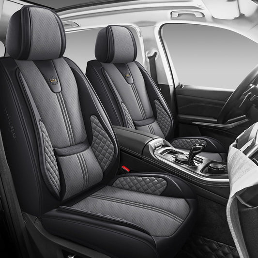 Car Seat Covers Full Set, Black Seat Cover for Cars Compatible Airbag, Easy Install Luxury Leather Automotive Seat Covers with Lumbar Support, for Car, Truck, SUV, Grey