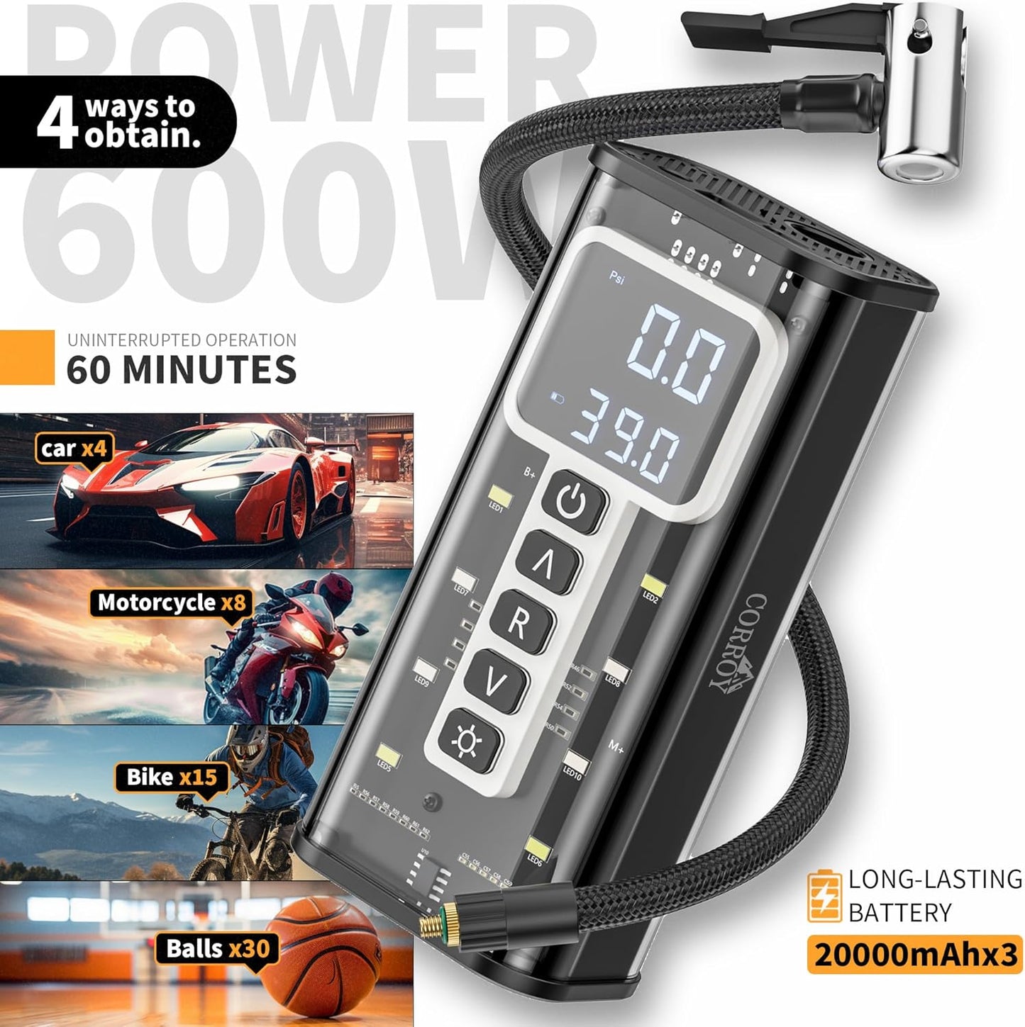 Tire Inflator Portable Air Compressor – 20000mAh Battery, 150PSI Cordless Bike Pump, Dual 12V DC Power, Tire Pressure Gauge, Air Pump for Fast 5X Inflation for Cars, SUVs, Bikes & Balls