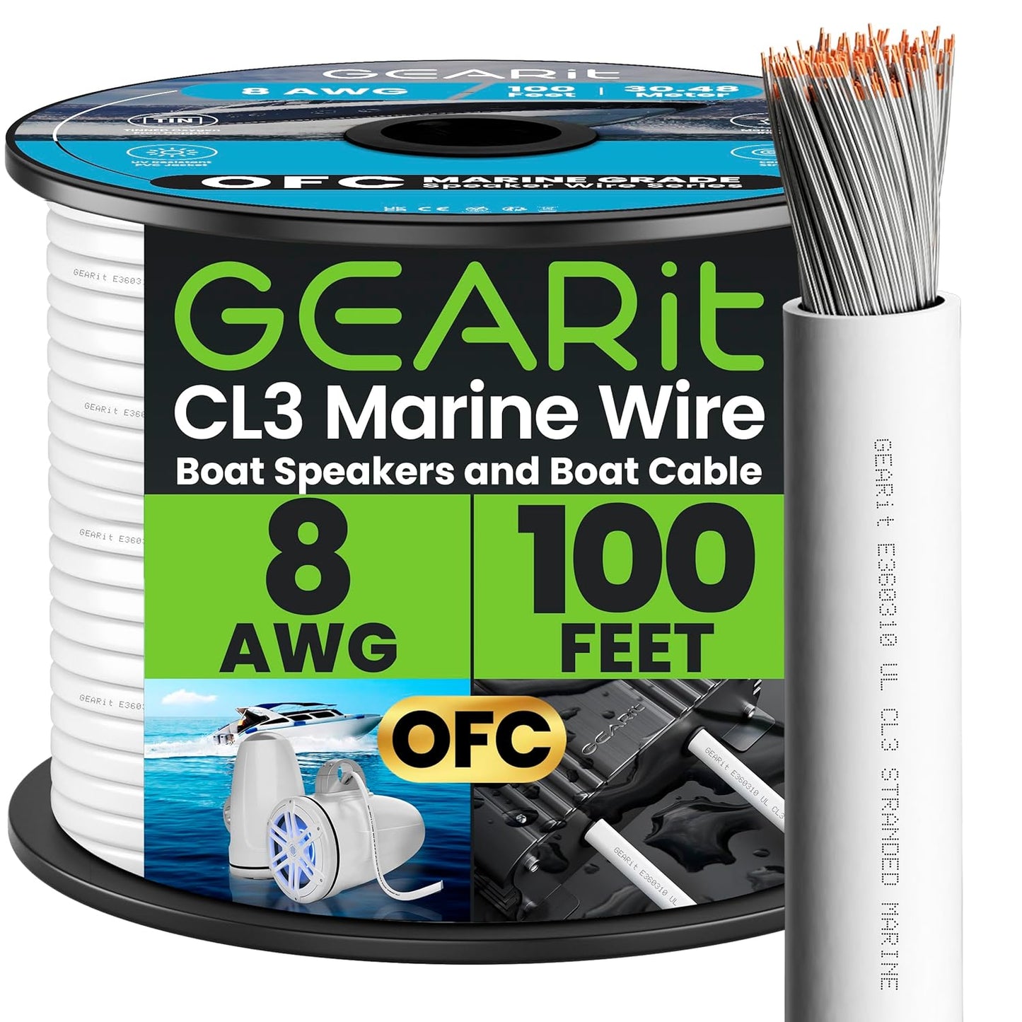 GEARit 8 Gauge Marine Electrical Primary Wire, 8 AWG (100ft) Marine Grade Tinned Copper Oxygen Free for Boat, Automotive, RV, Camper, Trailer