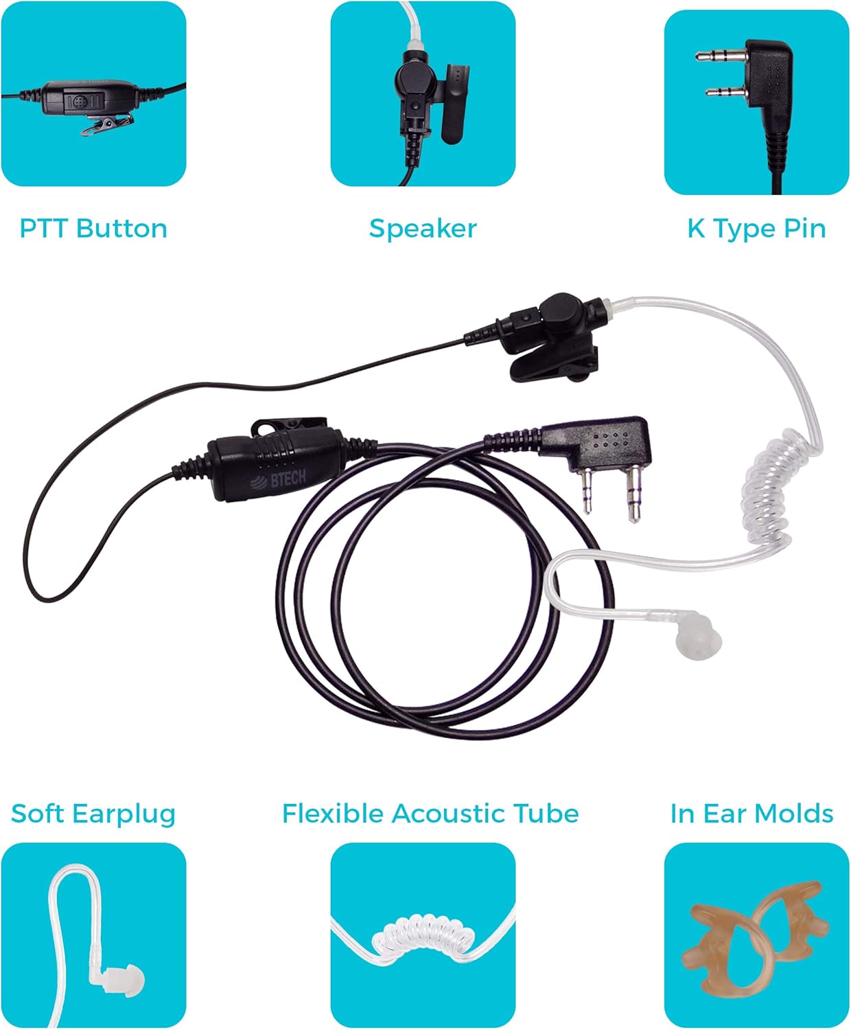 BTECH QHM07 Platinum Series Noise-Cancelling Earpiece with In-line PTT & Microphone for K1 Radios like BaoFeng, Kenwood Radios (Includes Earmolds and Earbud, 10 Pack)