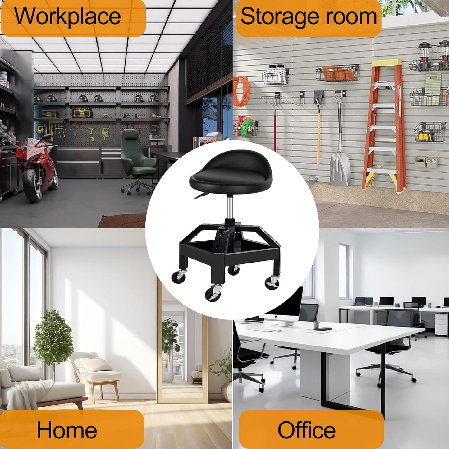 Garage Shop Rolling Seat, Heavy Duty Adjustable Rolling Mechanic Stool with Lockable 360° Wheels, 350 Lbs Capacity, Work Stool with Tool Tray for Garage & Workshop