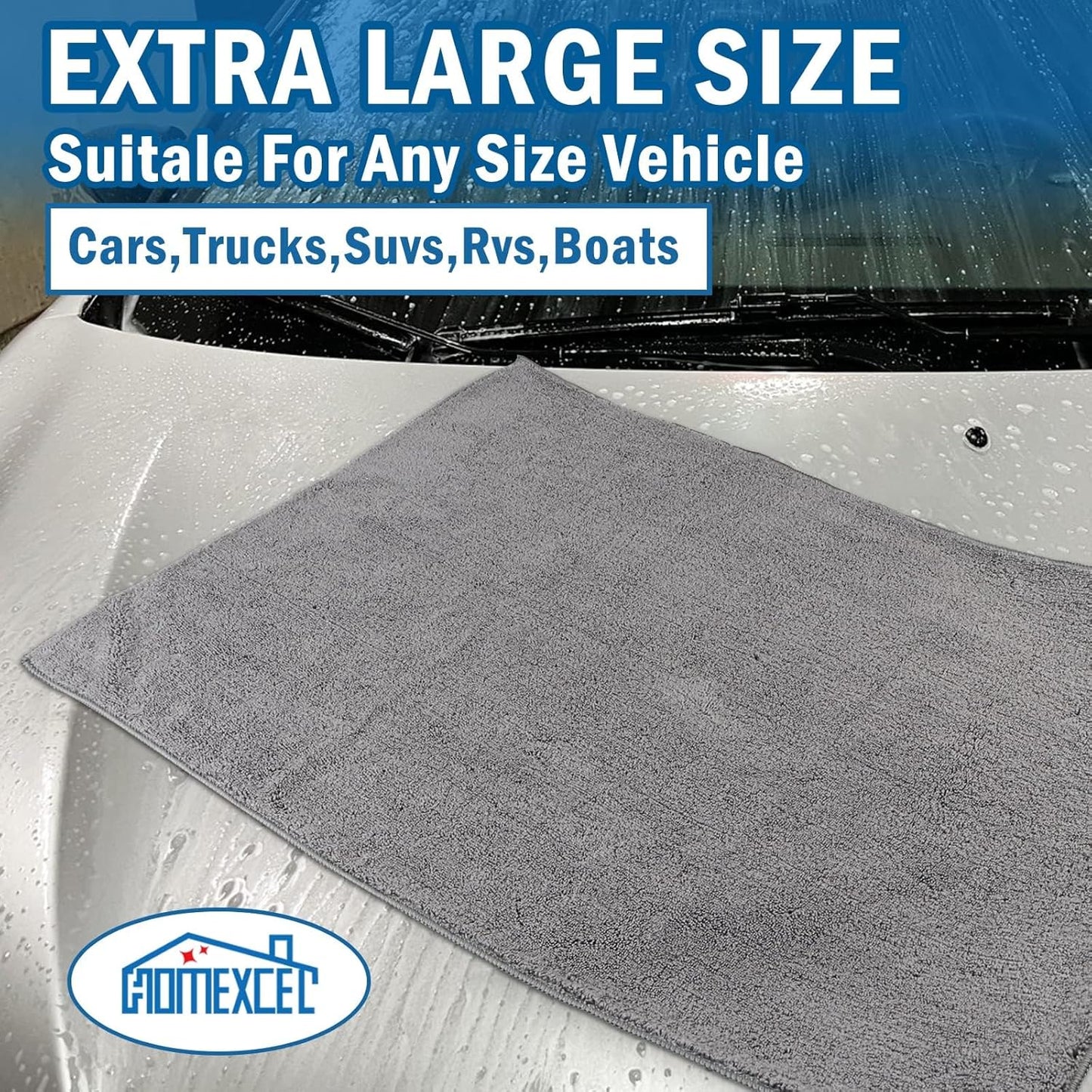 HOMEXCEL Professional Large Microfiber Car Drying Towels 2 Pack, Lint Free, Scratch Free, Highly Absorbent Drying Towel for Cars, SUVs, RVs, Trucks, and Boats,31" x 24",Grey