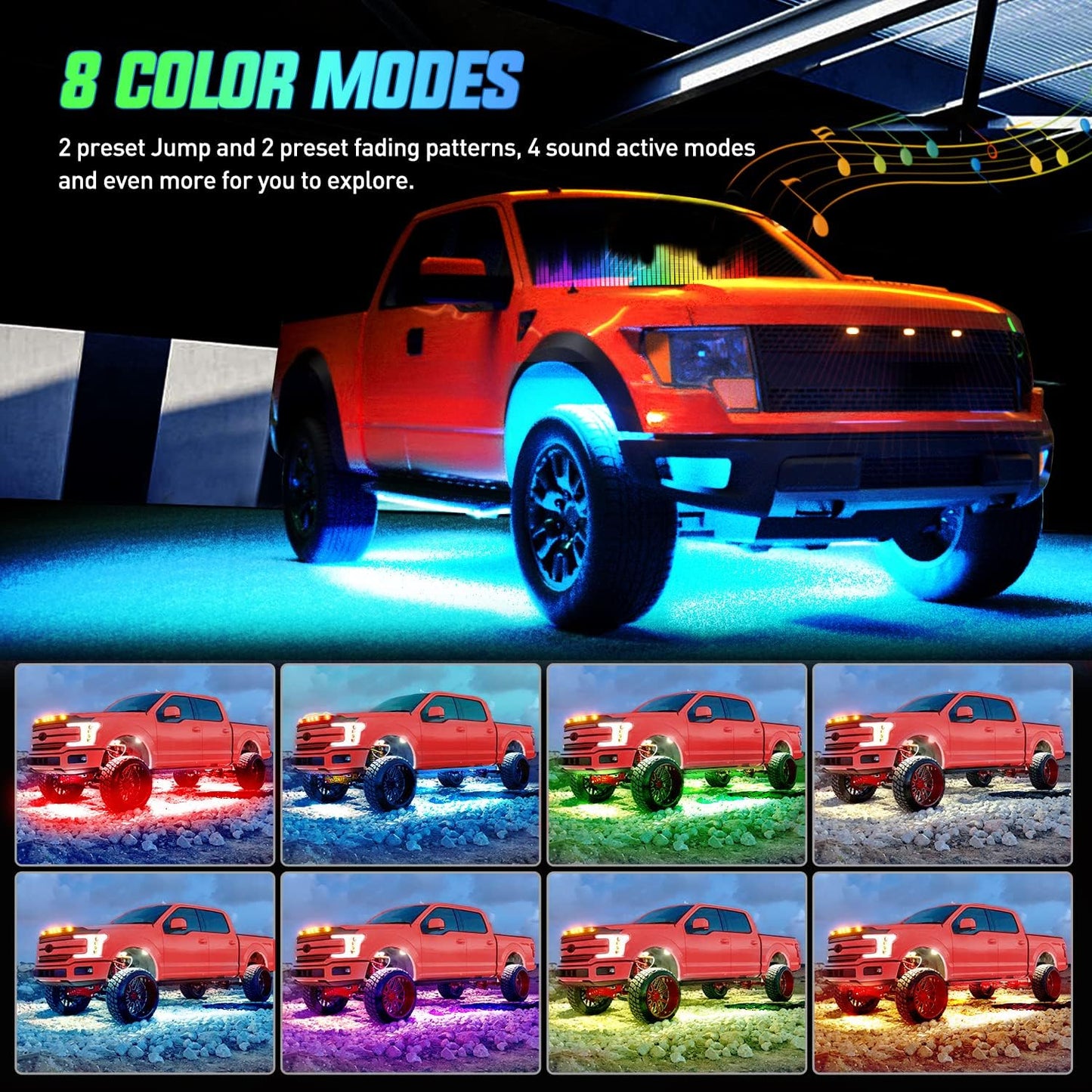 Nilight 4Pcs Car Underglow Neon Accent Strip Lights 256 LEDs RGB Multi Color DIY Sound Active Function Music Mode with APP Control and Remote Underbody Light Strips