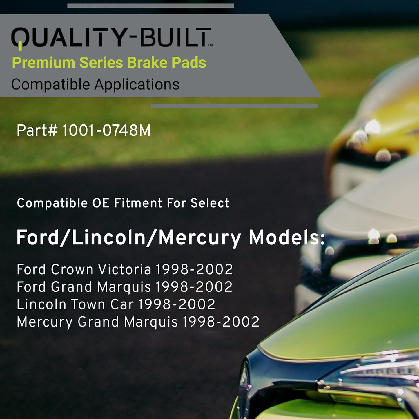 Premium Semi-Metallic Front Brake Pads (1001-0748M) Compatible with Ford Crown Victoria 2002-1998, Grand Marquis 2002-1998, Lincoln Town Car 2002-1998, Mercury Grand Marquis 2002-1998
