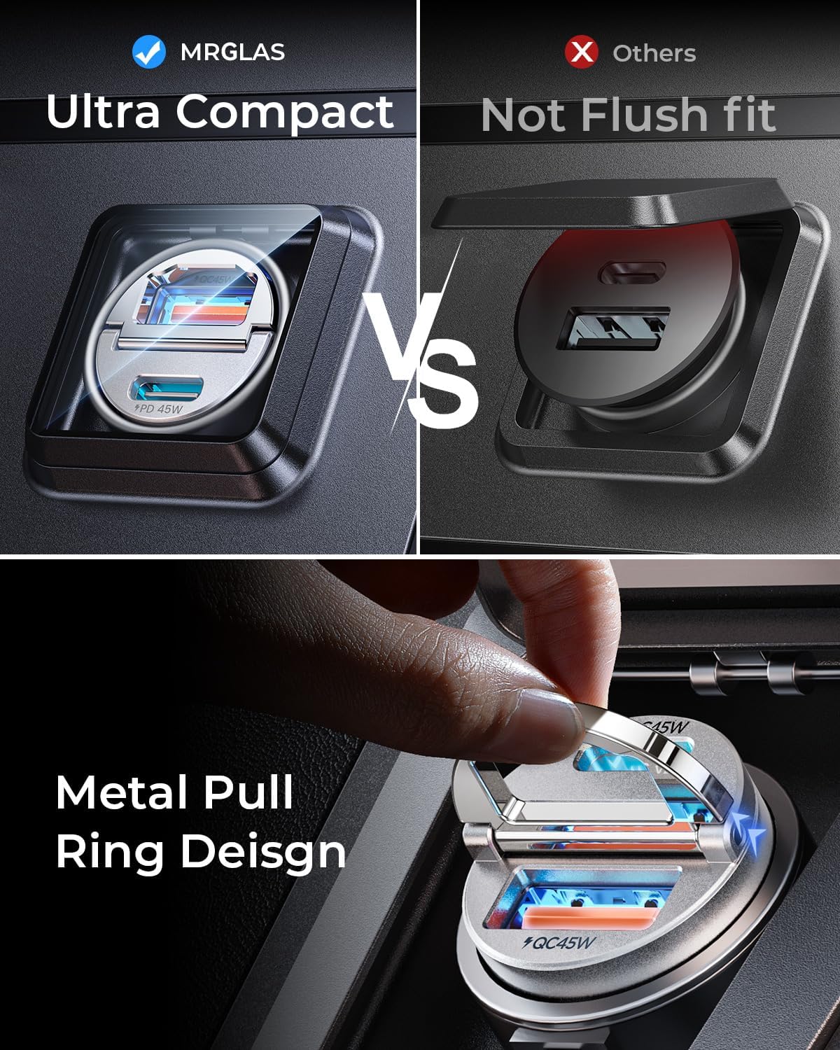 MRGLAS 90W USB C Car Charger Fast Charging,[Smallest Metal] PD45W+QC3.0 Dual Port Cigarette Lighter Car Charger Adapter for iPhone 16 Pro Max 15 iPad S25 S24-Silvery