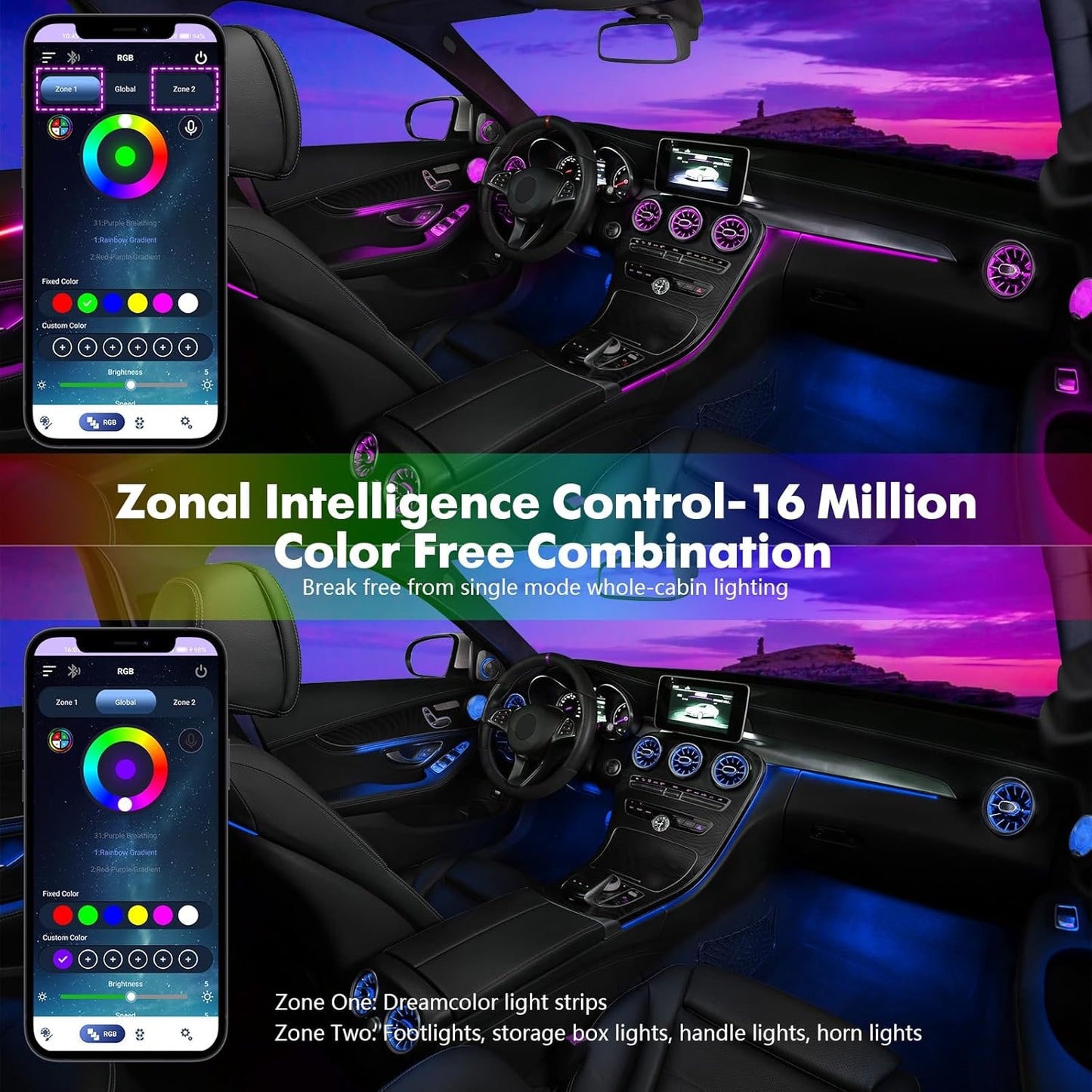 New Version Dreamcolor Acrylic Car Interior Lights 18 in 1 RGB Car Ambient Lighting Kit APP Control Zoned Control System 252 Color Modes DIY 16 Million Colors Music Sound Active Neon LED Strip Lights