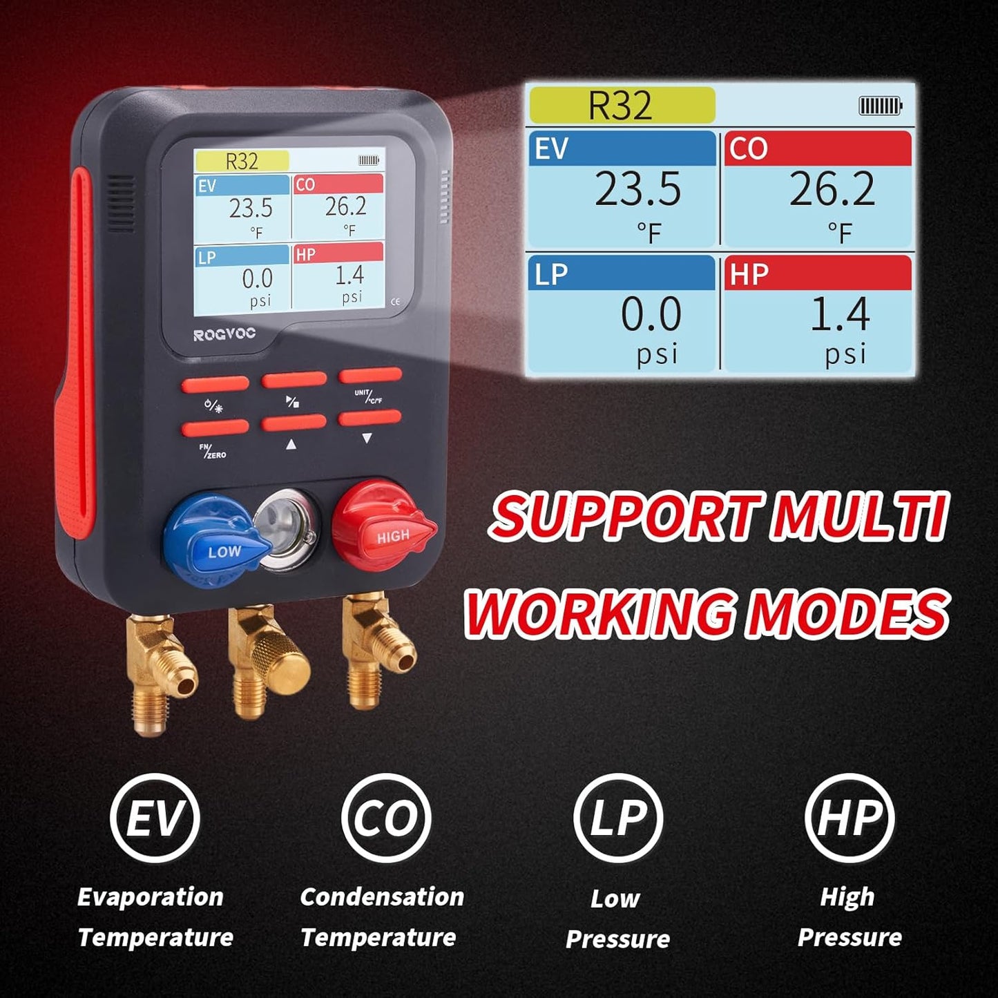 Digital Manifold Gauge, HVAC Refrigerants Digital AC Gauges Set with 2 Thermometer Clamps and 3 Hoses, for R22/R410A/R134A/1234YF Refrigerant Recharge Kit, Black