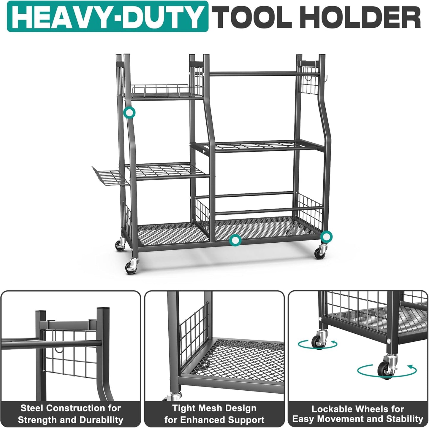 EVERHANGER Garden Tool Organizer Stand, Garage Tool Storage Organization, Yard Tool Racks with lockable wheels, Fit for Long-Handled Tools/Rakes/Brooms