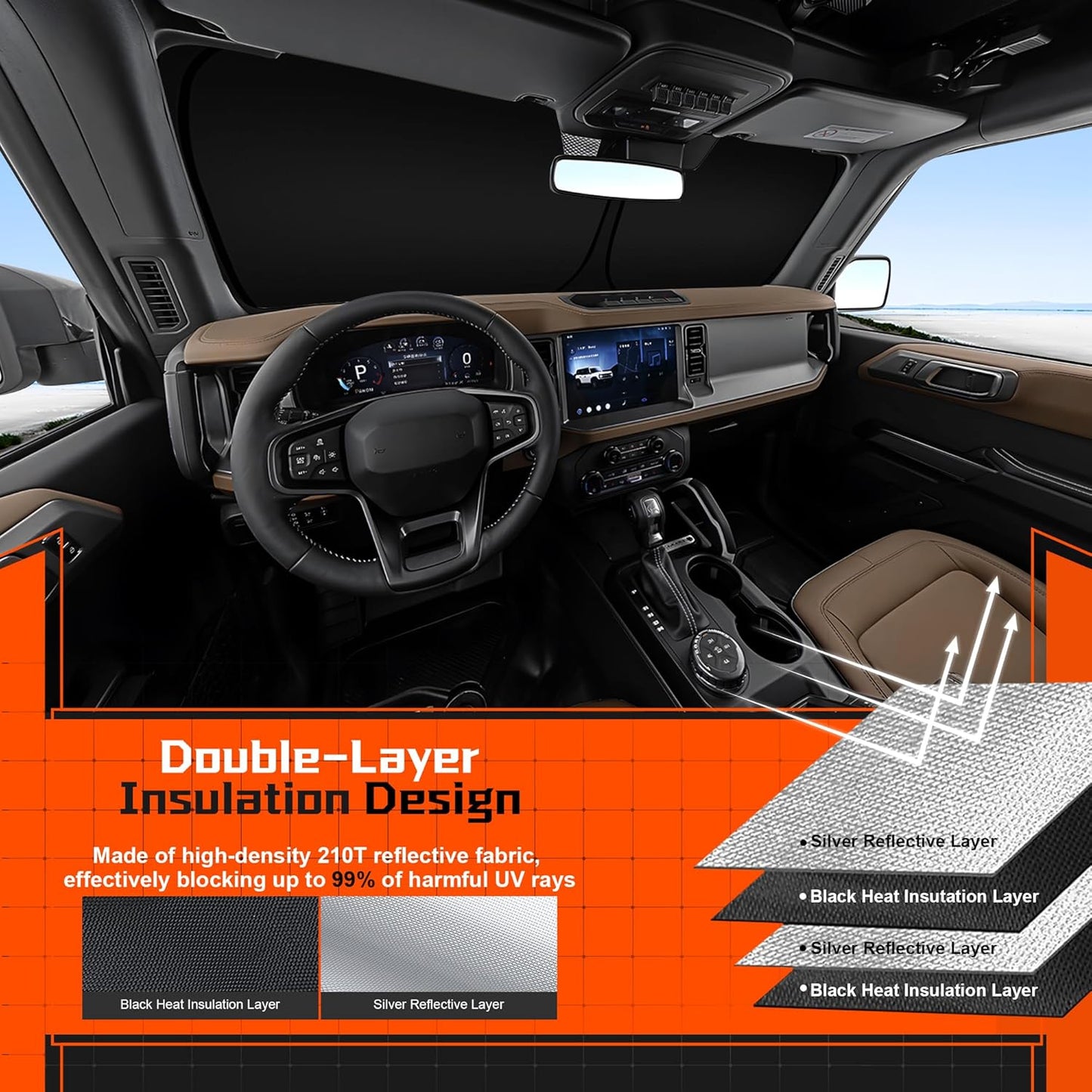 Custom Fit Windshield Sun Shade for Chrysler Pacifica Minivan 2017-2025 Accessories - Full Coverage, 210T Reflective Fabric, Double-Layer Design - Blocks 99% UV Rays, Easy to Install and Store