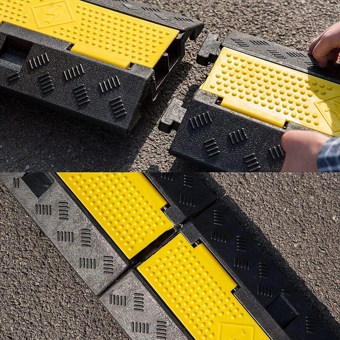 CXRCY Cable Ramp 4 Pack 2 Channel 11000lbs axle Capacity Floor Cable Cord Protector, Black & Yellow Speed Bumps Hose Protector Ramps for Wire/Hose/Pipe Hider Driveway &Outdoor 40x10x2 inch(L x W x H)