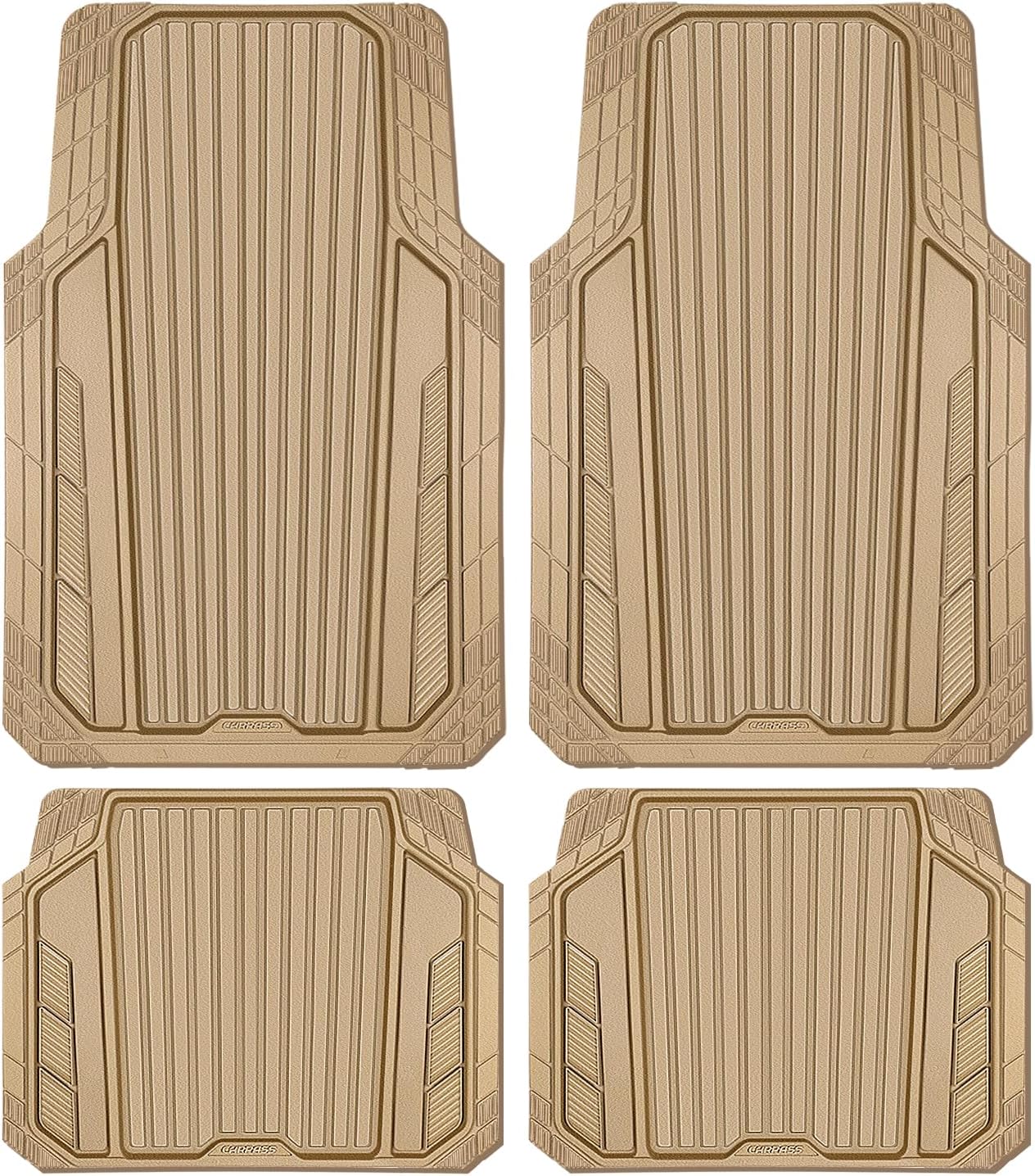 CAR PASS Heavy Duty Sporty Rubber Car Mats, Deep Dish All Weather Car Floor Mats Full Set, Waterproof Anti-Slip Automotive Matts Rugs Trim to Fit for Most Sedans SUVs, 4-Piece All Beige