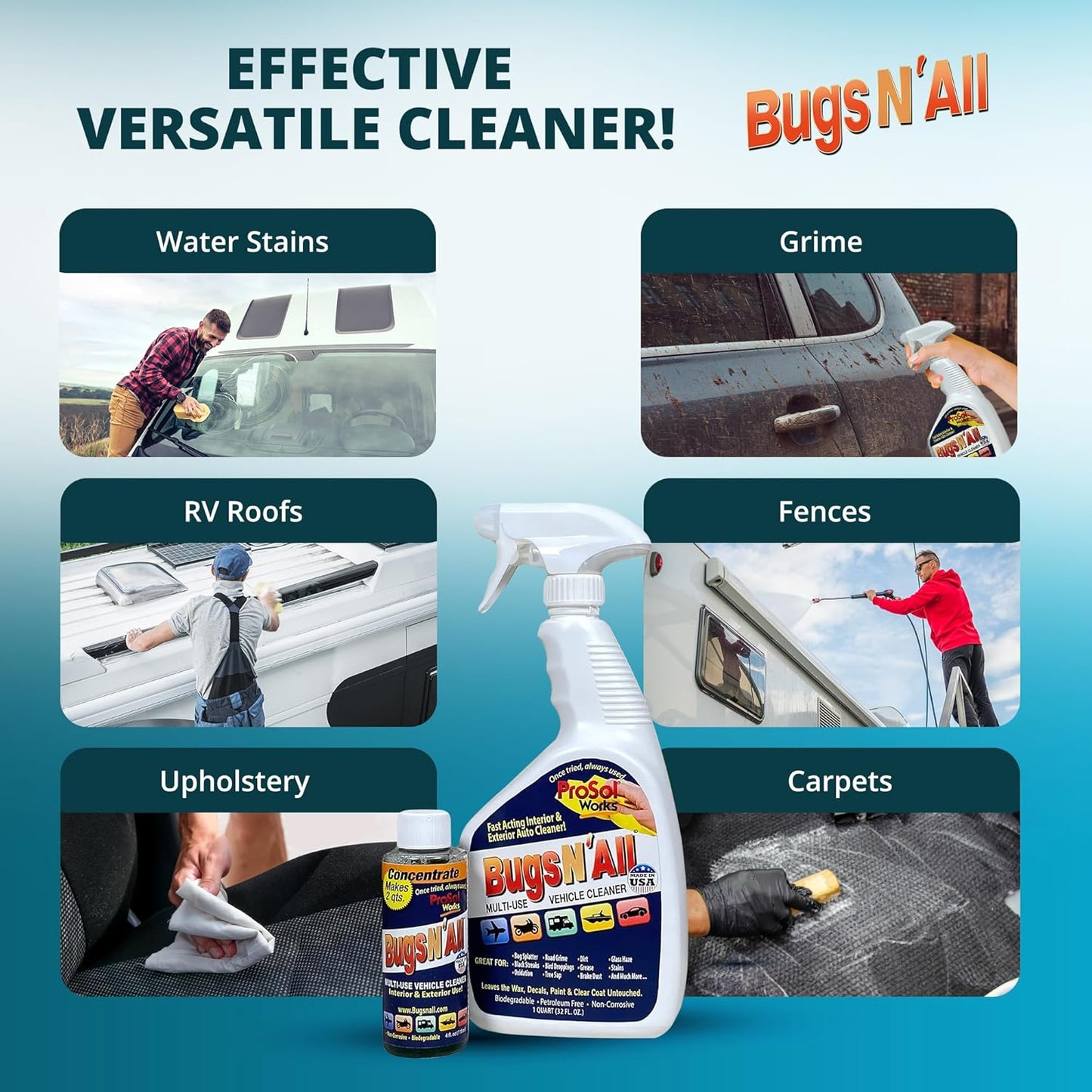 Bugs N’ All Multipurpose Car Cleaner & Degreaser - Bug & Tar Remover Concentrate 4 oz - Exterior Cleaner Safe for Car Paint, Metal, Chrome, Aluminum, Windows & Mirrors - w/Free 32 oz Spray Bottle