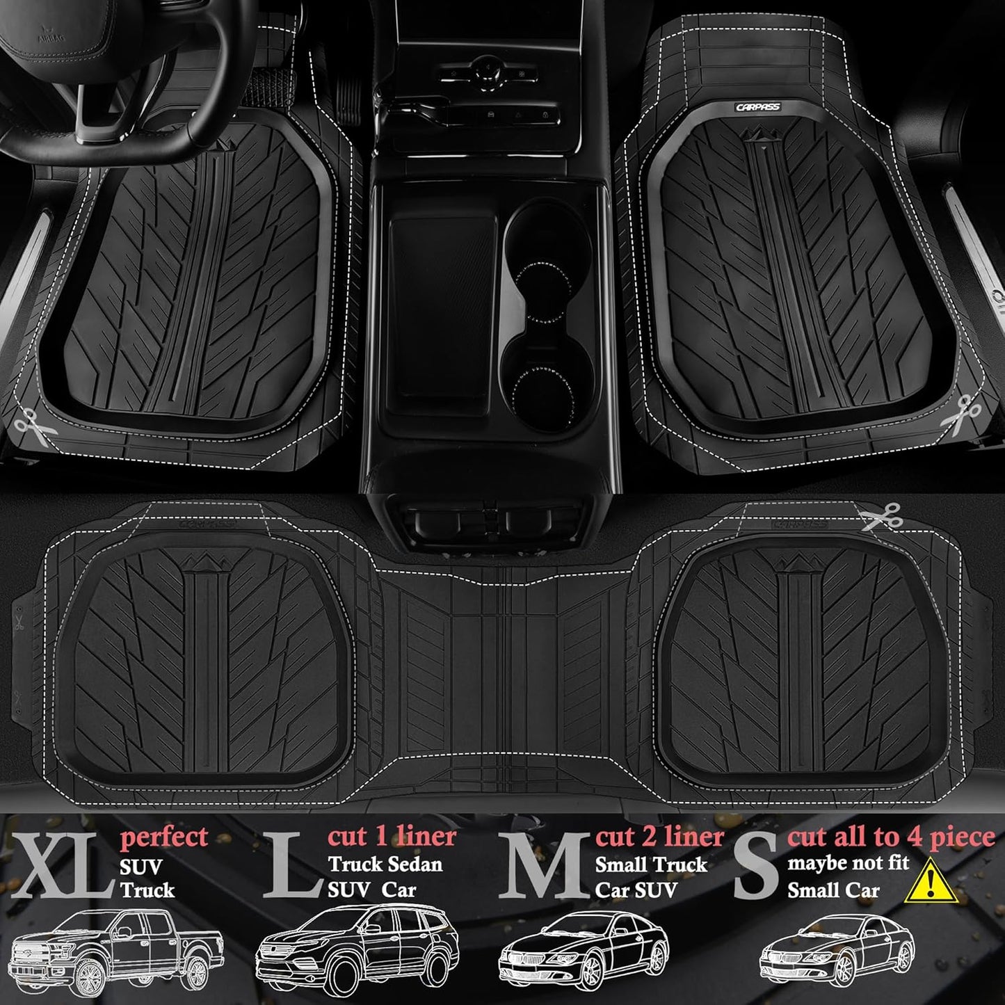CAR PASS DeepDish Heavy Duty Rubber Floor Mats 3-Piece, Universal M-XL Size Trim-to-Fit Automotive Floor Mats for Truck Van SUV, Durable Waterproof All Weather Car Mats (Solid Black)