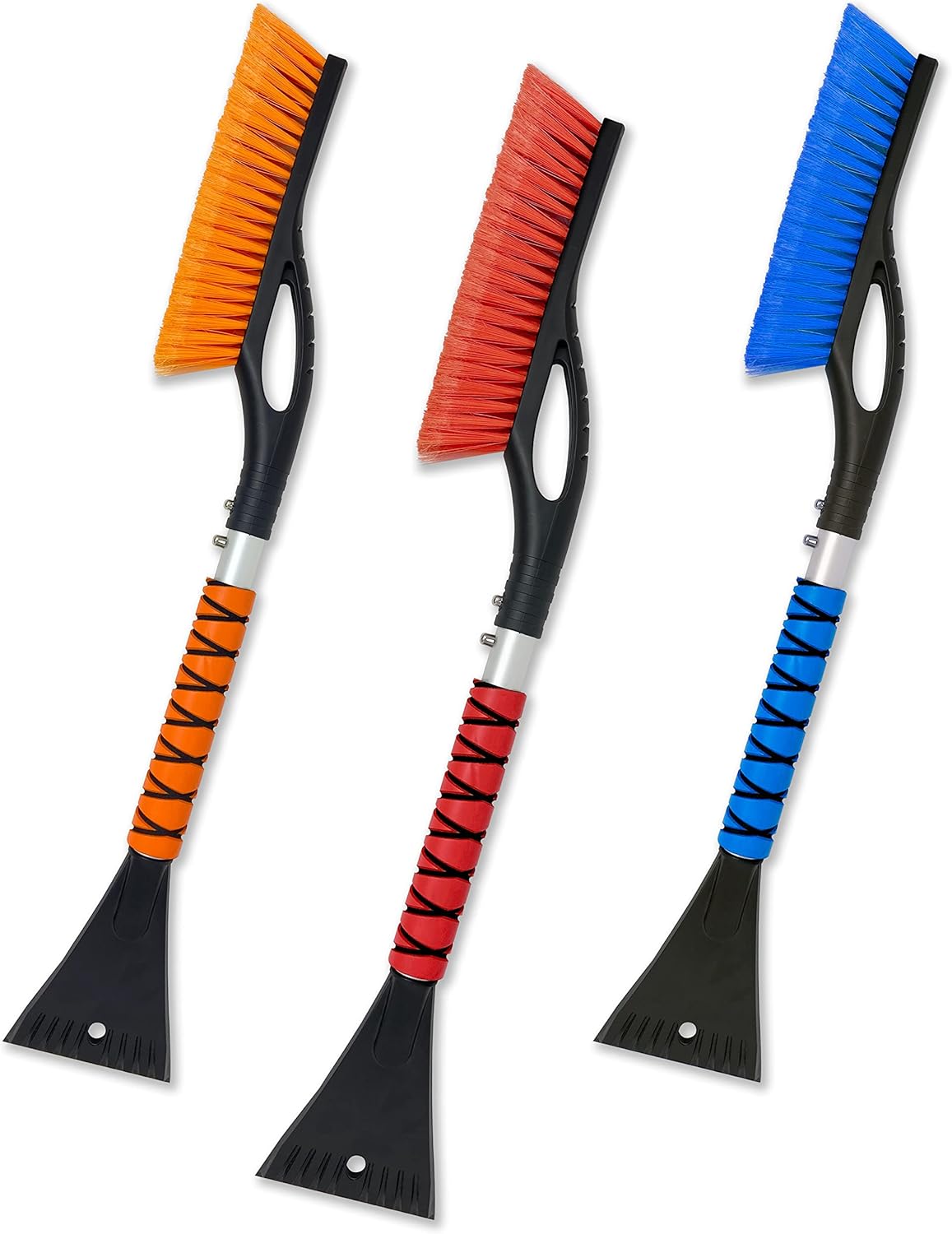 EcoNour 27" Aluminum Car Snow Scraper and Brush (Orange, Red & Blue) | Weaved Bristle Head with Metal Body Ice Scraper for Car Windshield | Tough Ice Scraper with Foam Grip Winter Accessory | 3 Pack